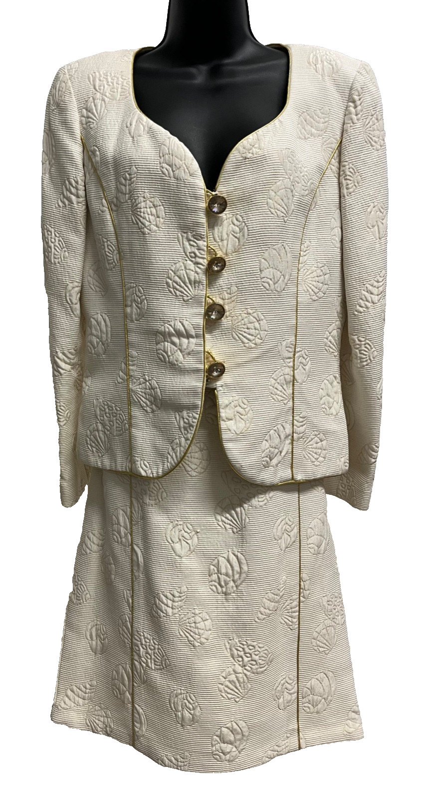 Scaasi Nights Vintage 80s Seashell Jacquard Skirt Suit Set Cream Gold Size 12