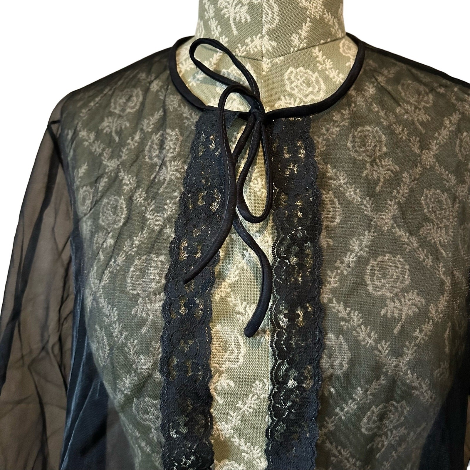 Vintage Black Sheer Lace Bell Sleeve Boudoir Jacket Pin Up Lingerie S/M