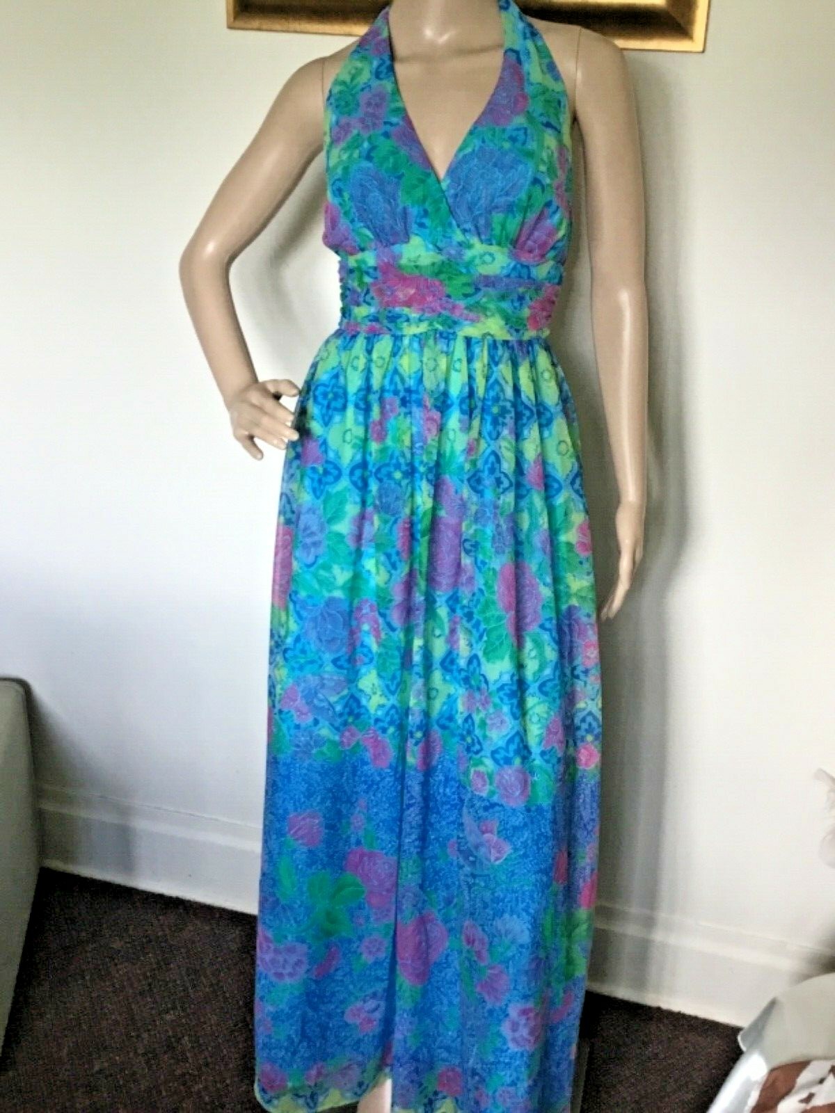 70’s Vintage Blue Neon Yellow/Pink Floral Sexy Halter Top Maxi Dress