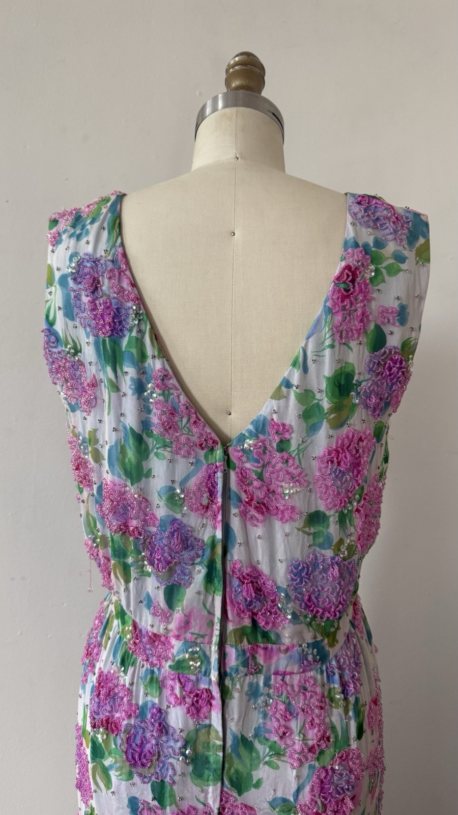 Vintage 1950s 60s Rare Designer Sara Fredericks Hand Beaded Chiffon Evening Gown