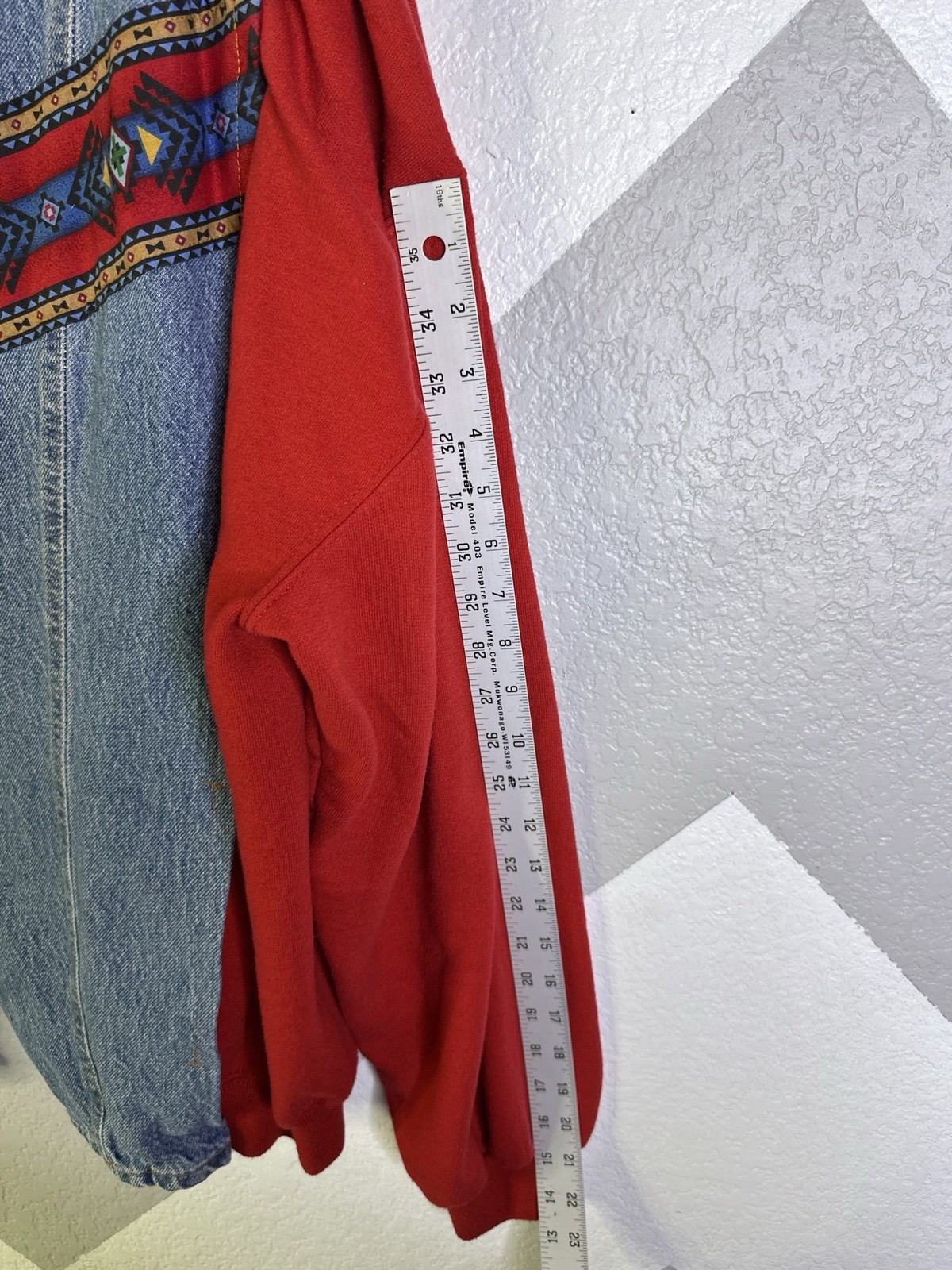 Jerzees Womens Red Denim Tribal Jacket Open Front Reworked 90s 3XL Handmade Vtg