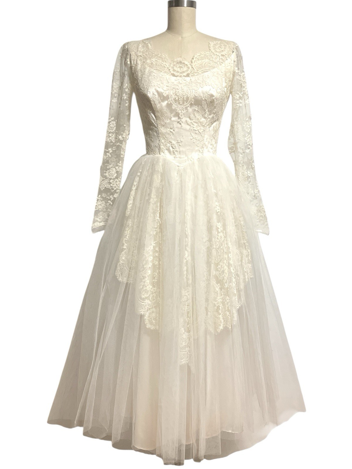 VTG 1950s 60s Lace Tea Length Wedding Dress XS Audrey Hepburn Modest MCM Bride
