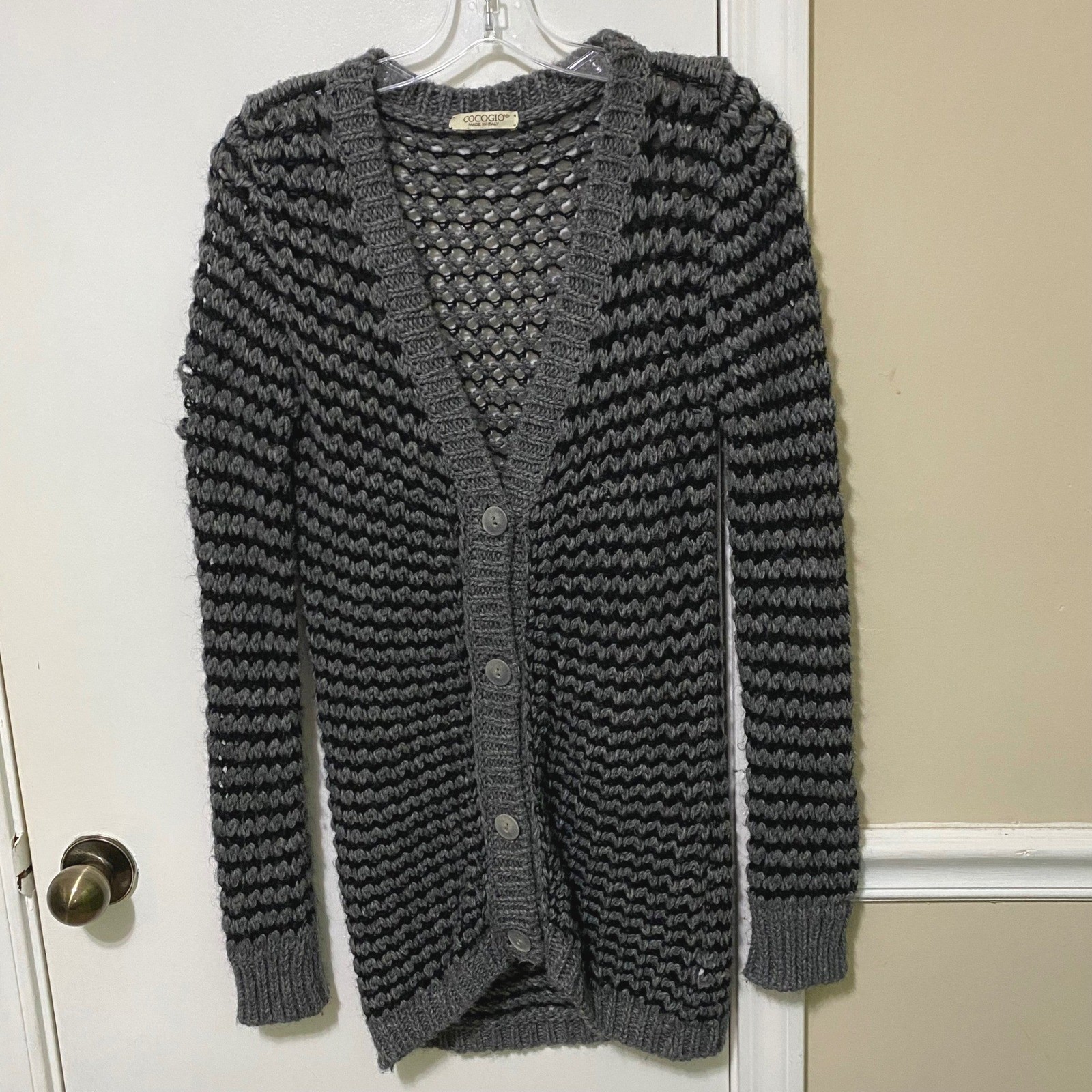 Cocogio Crochet Striped Button Up Sweater Made Italy Open Stitch Grunge Boho XS