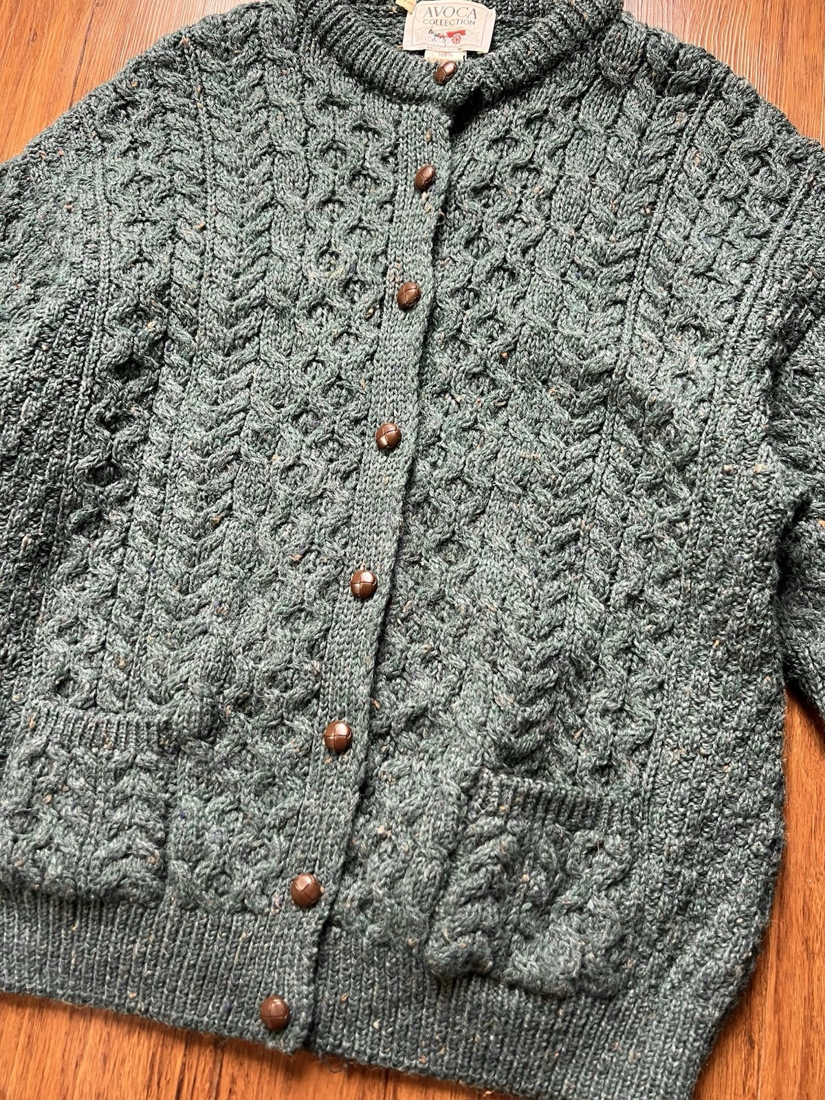 Vintage Avoca Collection Sweater Cardigan Large Green Wool Chunky Button Ireland