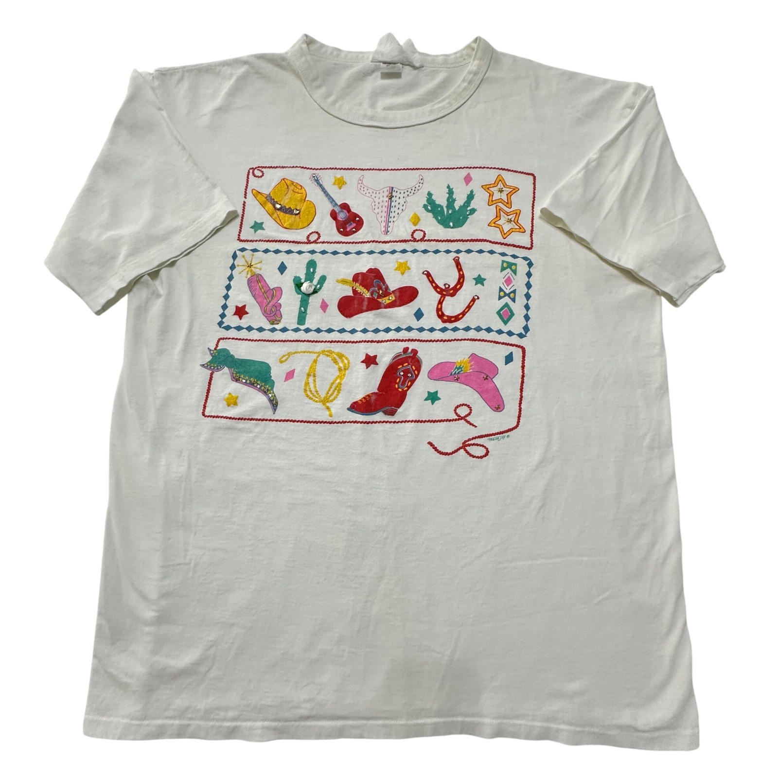VTG 90s Western Cowgirl T-Shirt Single Stitch OS Boxy 3D Print Festival Rodeo