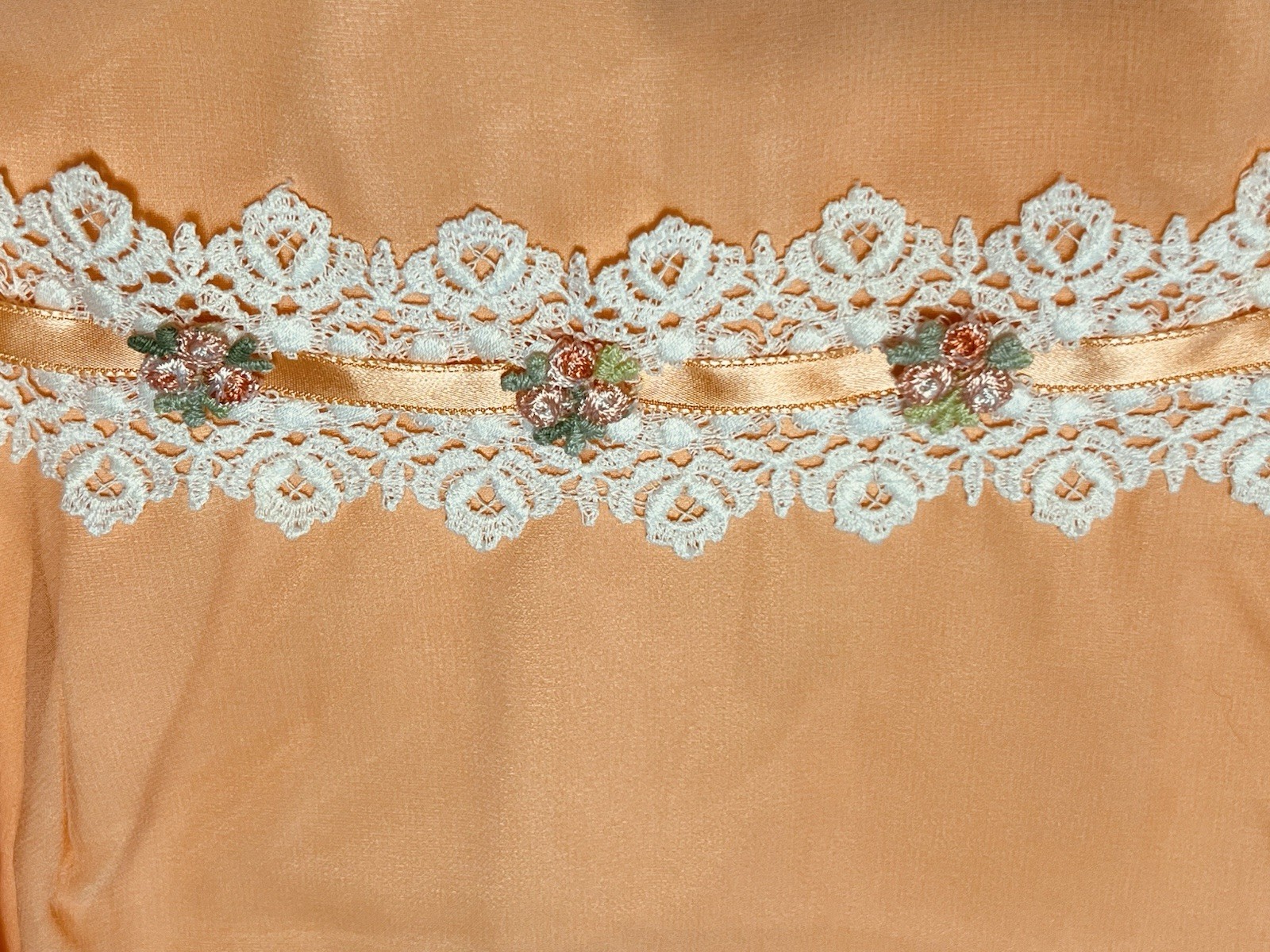 VTG 60s Peach Chiffon Maxi Dress Capelet Floral Lace Ribbon Trim Hemline Damage