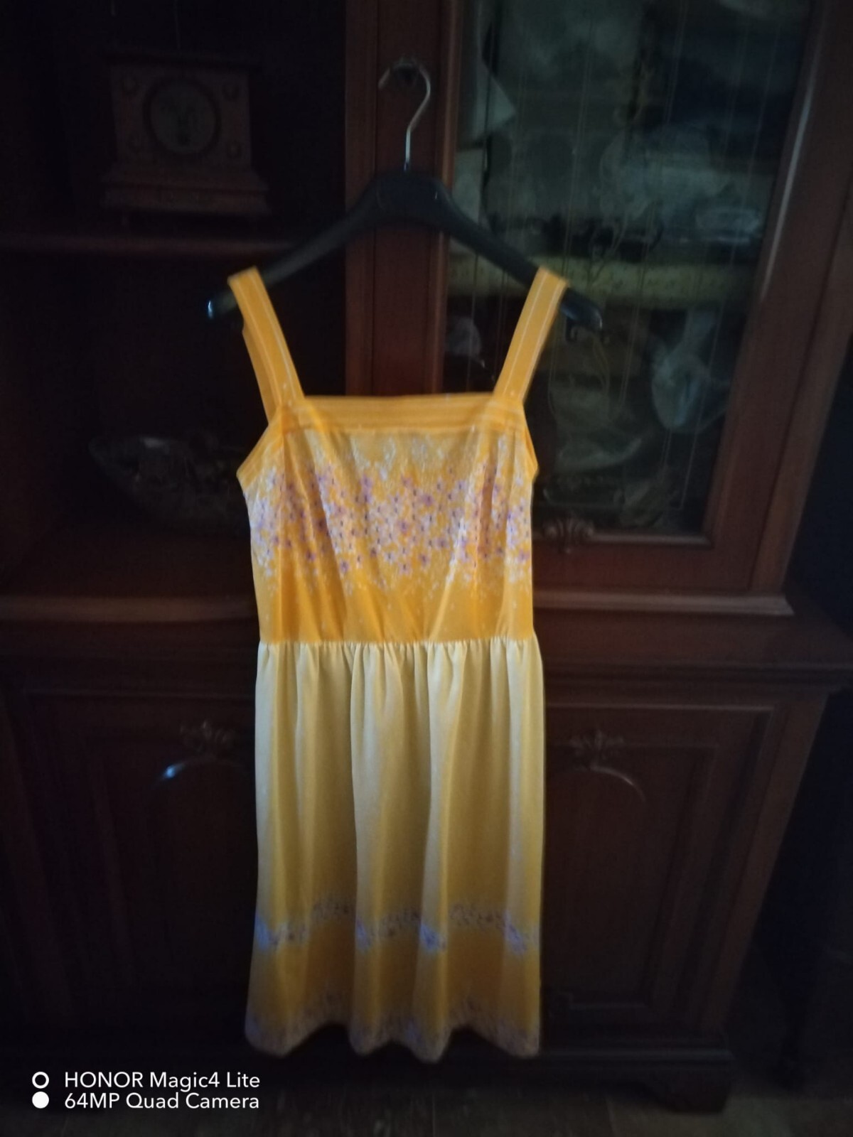 Yellow floral dress, vintage late ’70s, Corelle brand, size 46, made in Italy
