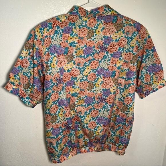 Vintage Loubella Women’s Size 12 Popover Blouse Purple Teal Floral Half Button