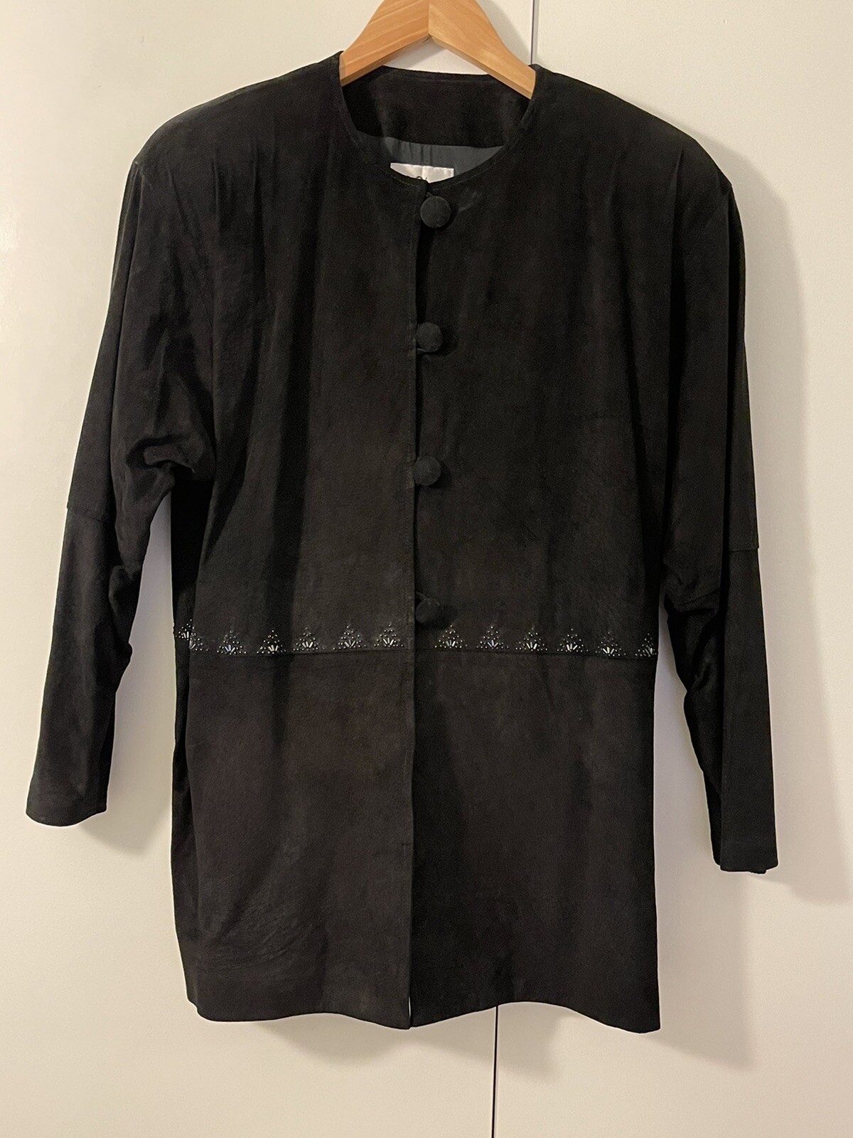 Vintage 80s Pia Rucci Black Collarless Suede Jacket w/Sequins Size 10