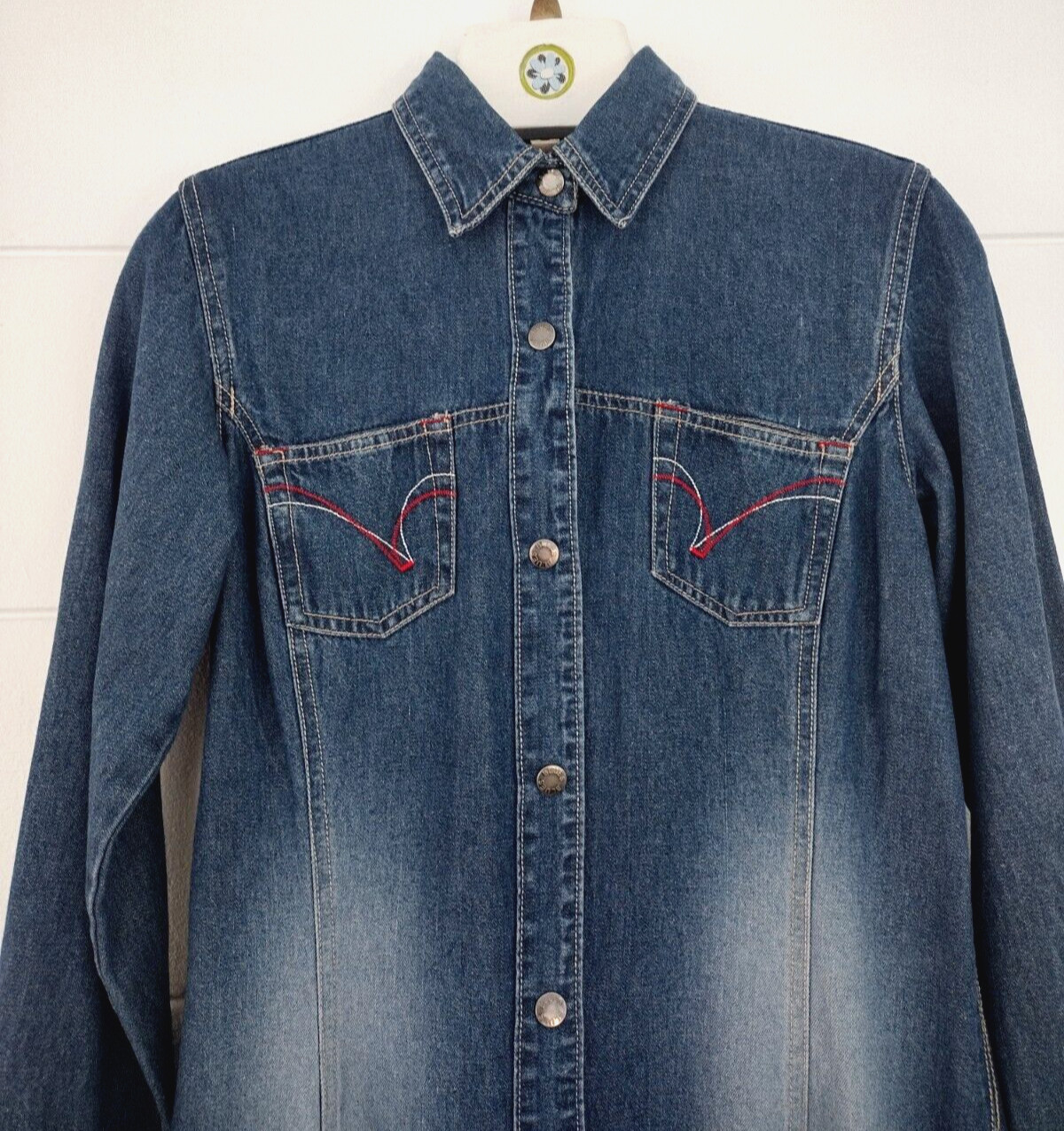 Vtg 90s Y2k Adriana Denim Jean Shirt Dress Snap Front Dark Wash Duster S Rodeo
