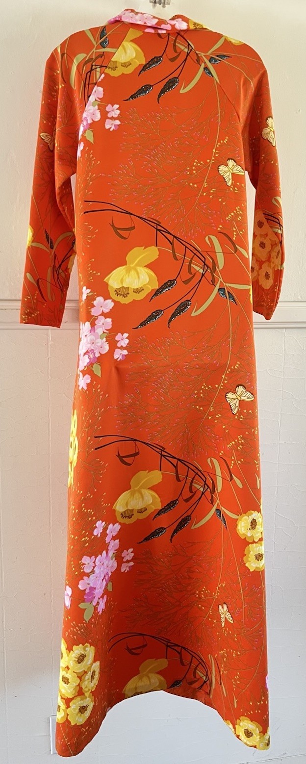 Vtg 1970s Montgomery Ward Hawaiian Orange Floral Maxi Mumu Kaftan Hostess Dress