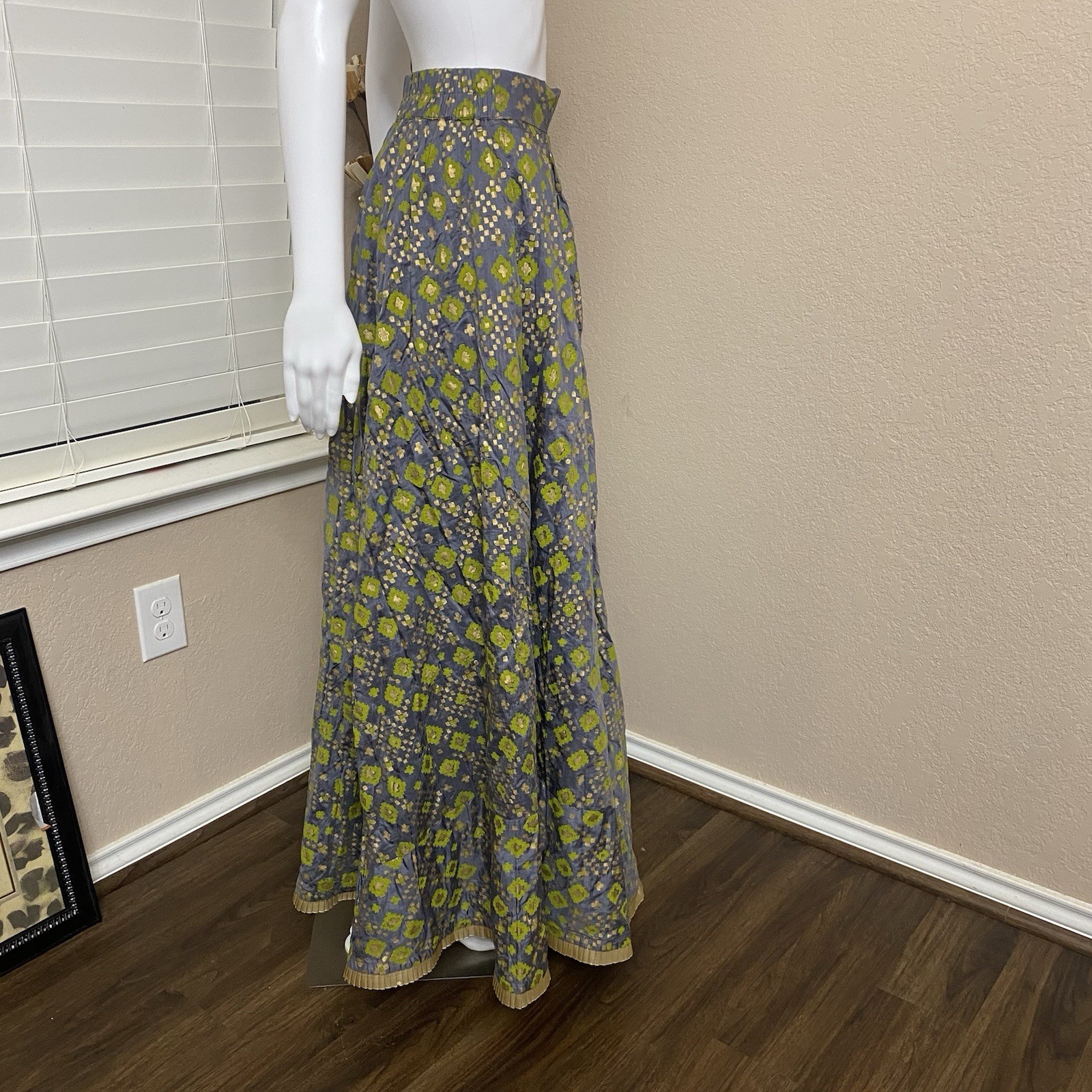 Vintage 50s Brocade Circle Skirt Floral Metallic Blue Green Full Sweep S/M