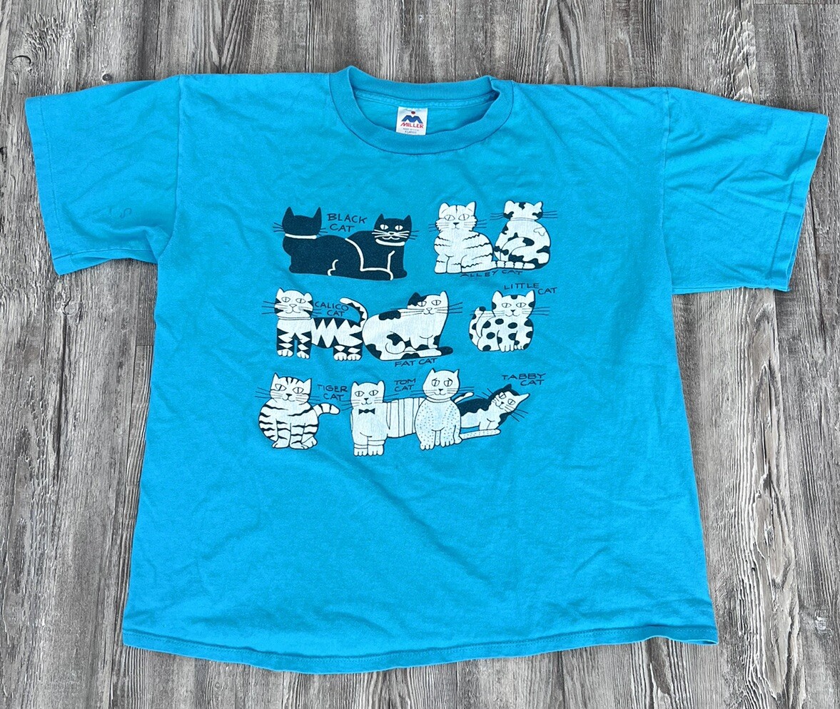 Vintage 90s Types of Cats T-shirt XL blue Calico Alley Tiger Tom B3
