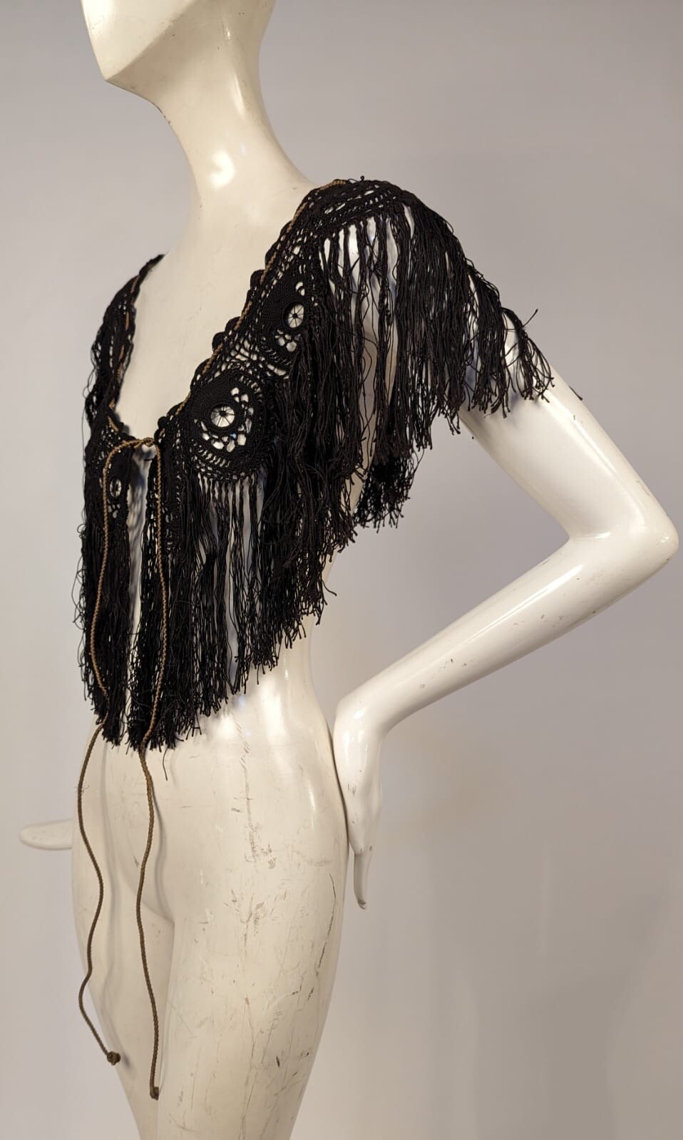 VICTORIAN 19TH C BLACK LACE + FRINGE CAPE W GOLD BULLION TIES