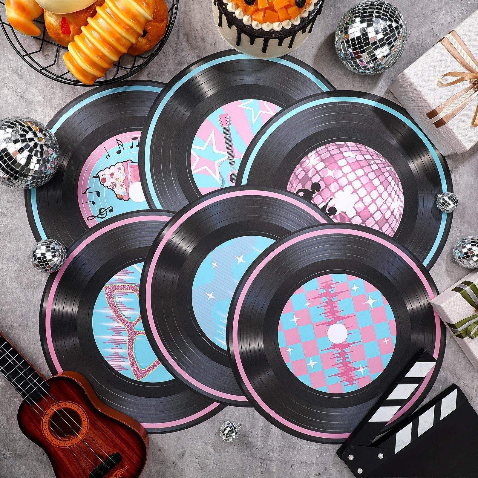 FillTouch 60 Pcs 13” 1950’s Rock and Roll Vinyl Record Placemat Vintage Musi…