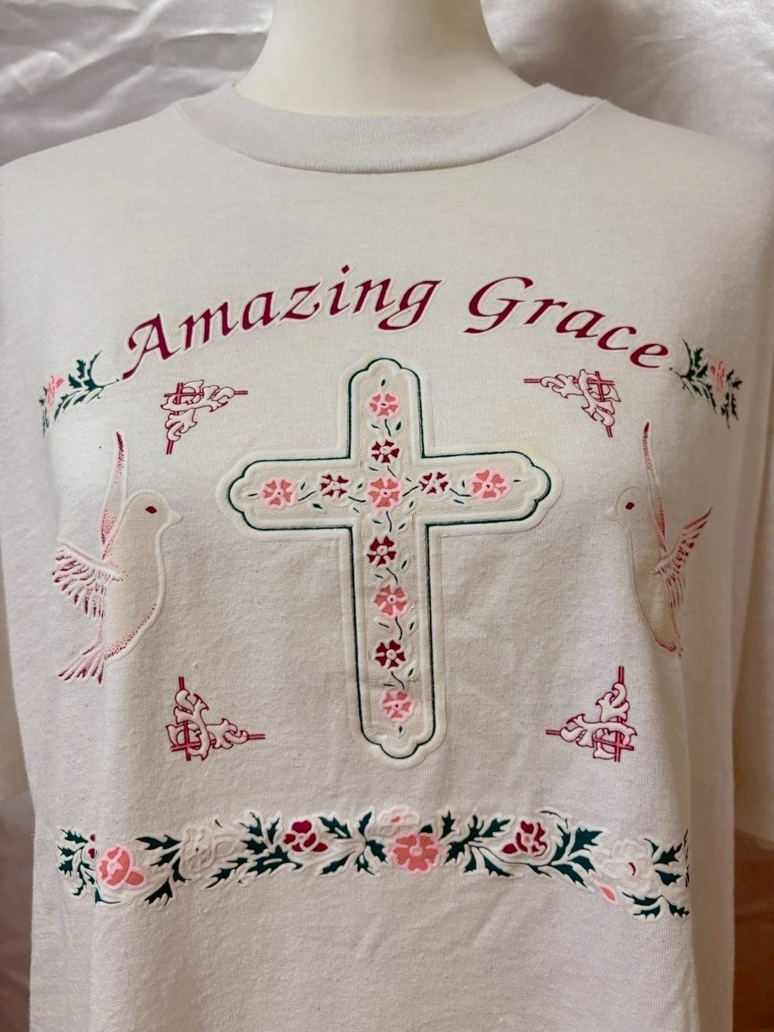 Vintage 80s 90s JERZEES Amazing Grace Cross Graphic T shirt White USA SizeXL