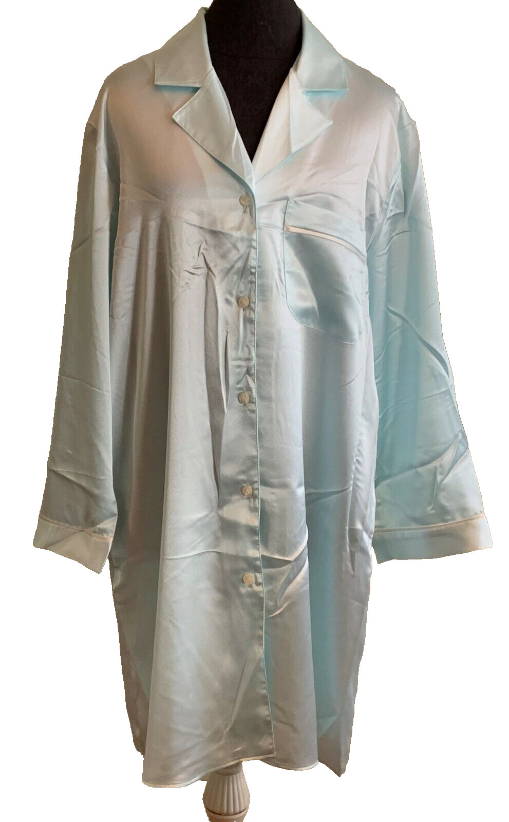 Vtg Eve Stillman Silky Soft Satin Button Front Long Sleeve Sleep Shirt Blue M