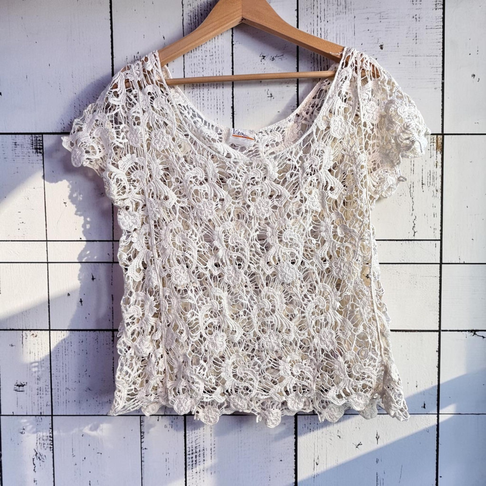 Vintage Crochet Top M Cream 100% Cotton Cottagecore Boho Romantic Shabby Chic