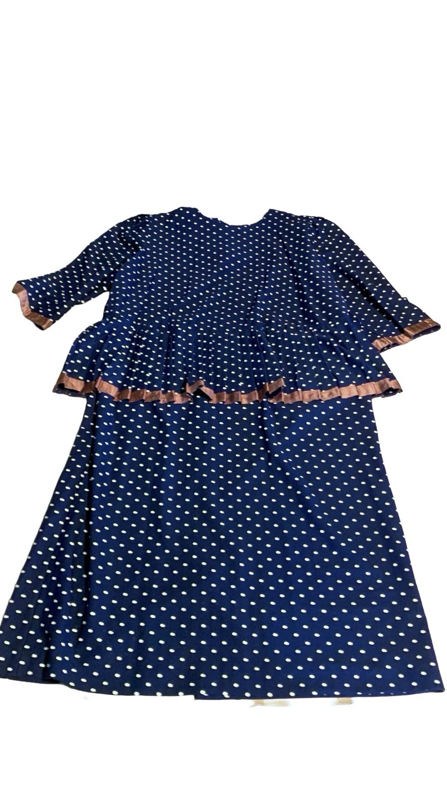 VINTAGE CIRCA 1980’S CARLY CIRCLE BLUE & CREAM POLKADOT PEPLUM DRESS SZ 18