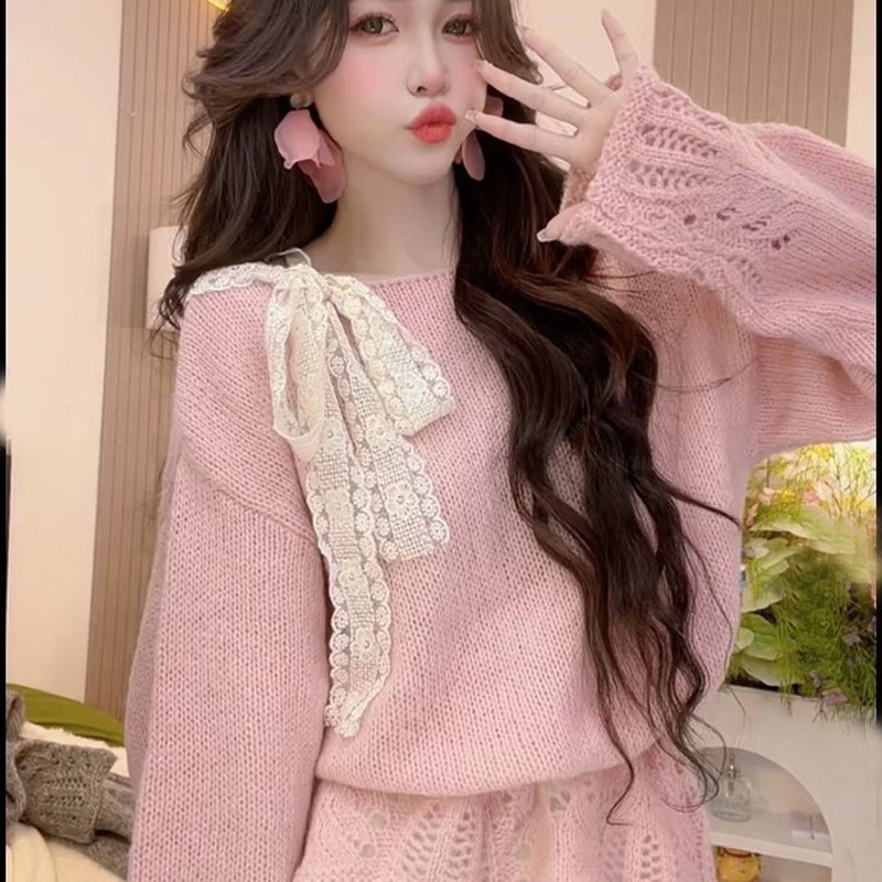 Japanese Sweet Girls Womens Bow Sweaters Jumpers Lolita Cute Princess Shirts