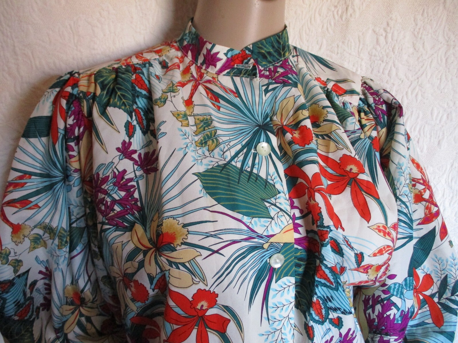 Edith Flagg Top vintage 70s CA USA Designer Orchid Blouse Floral Puff 1/2 sleeve