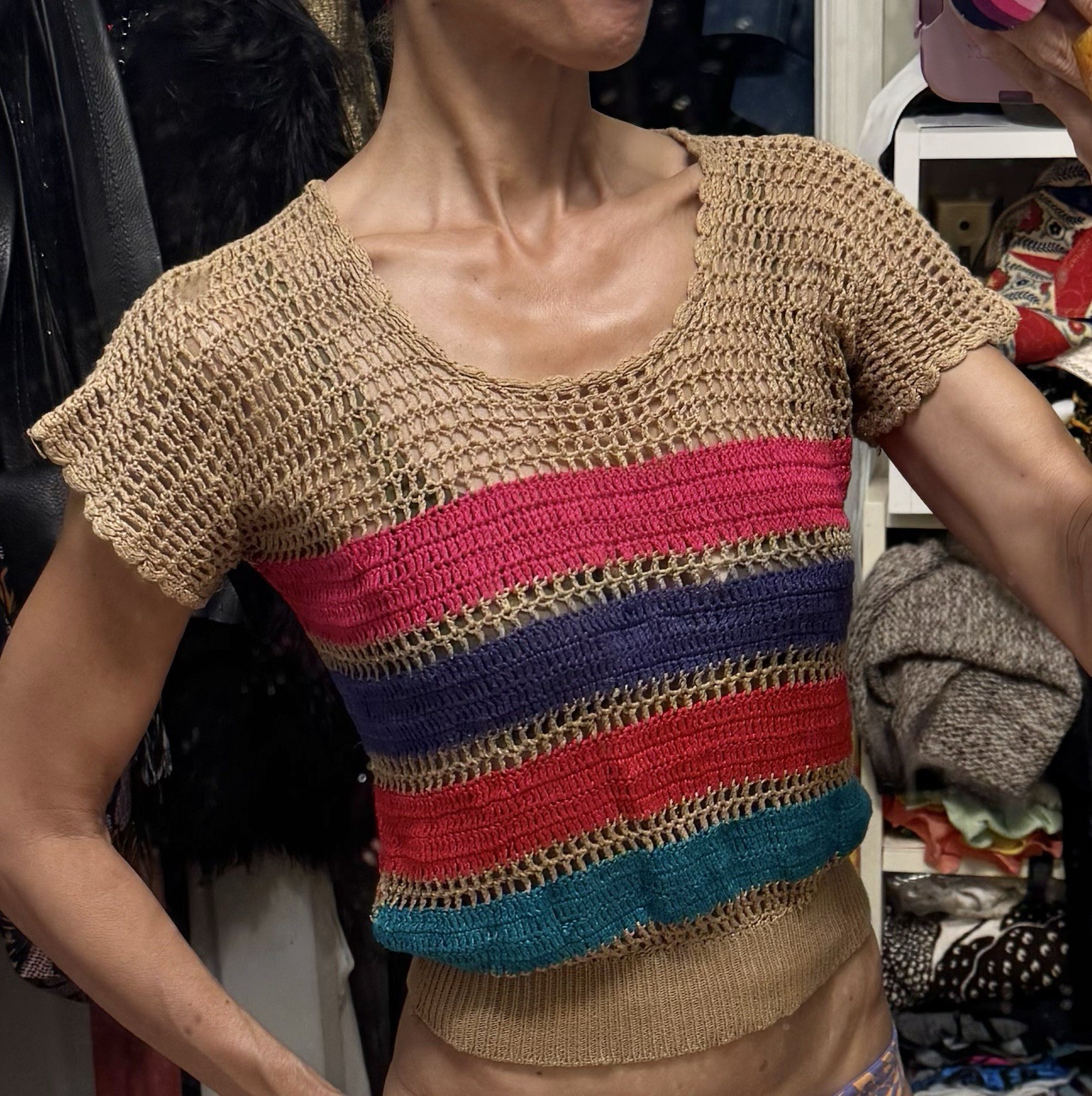 Vtg India Hand Woven Crochet Cap Sleeve Top Pullover XS S 70s 80s Dolman Crop