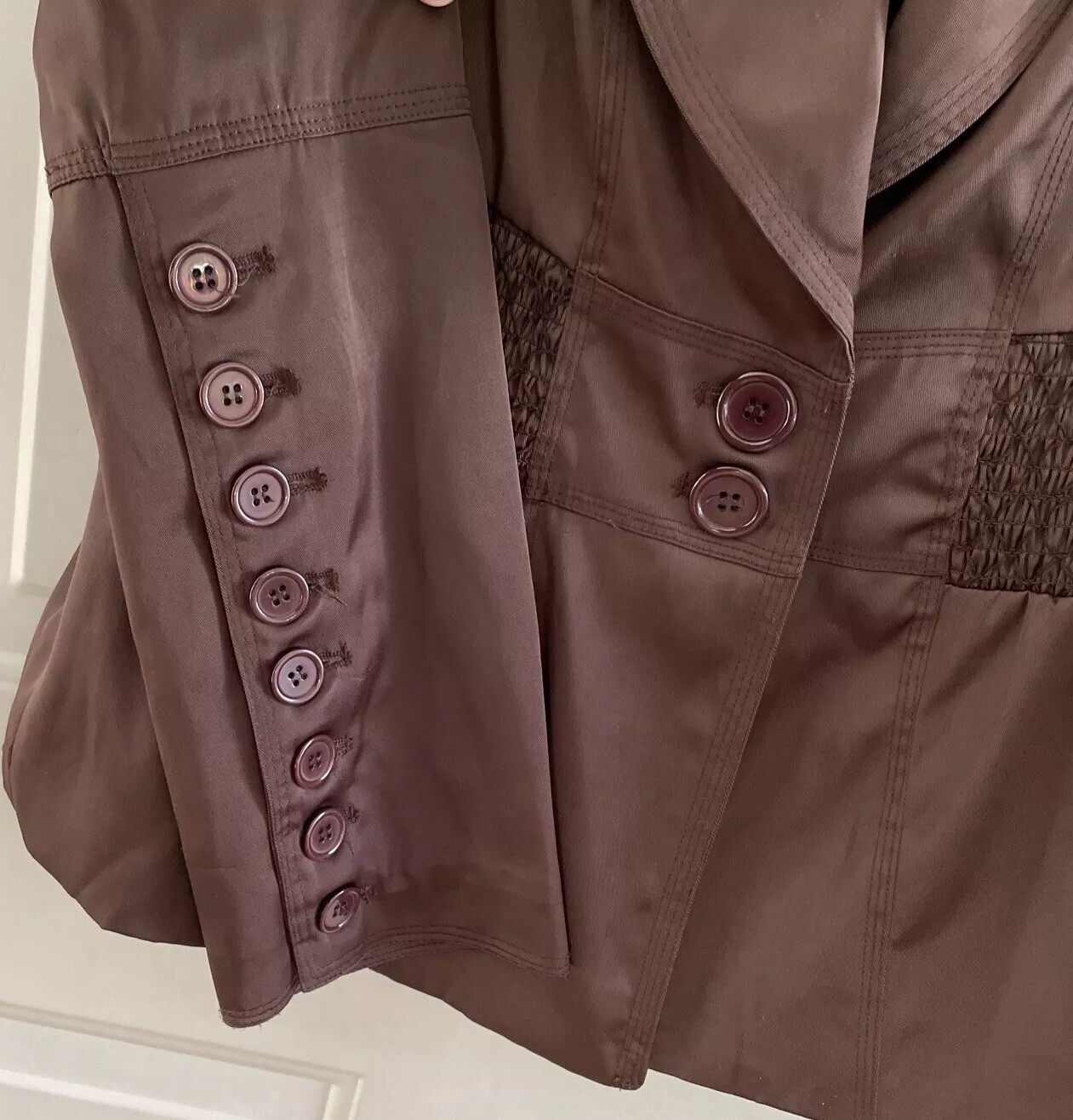 Vtg Women Zoompy Brown Career Jacket Size Medium Smocking Multi Buttons Preowned