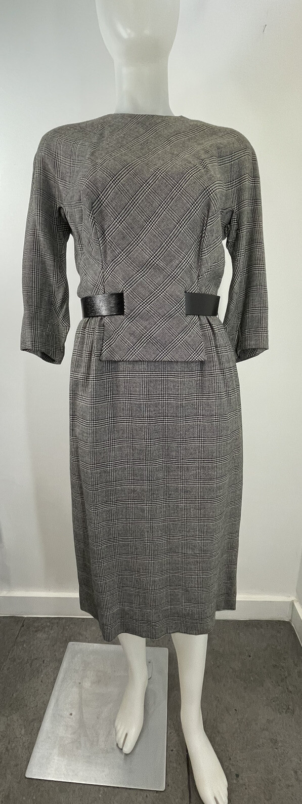 VTG 60s MCM Mad Men Plaid Dress Bias Cut Pencil Talon Zipper Waist 28”
