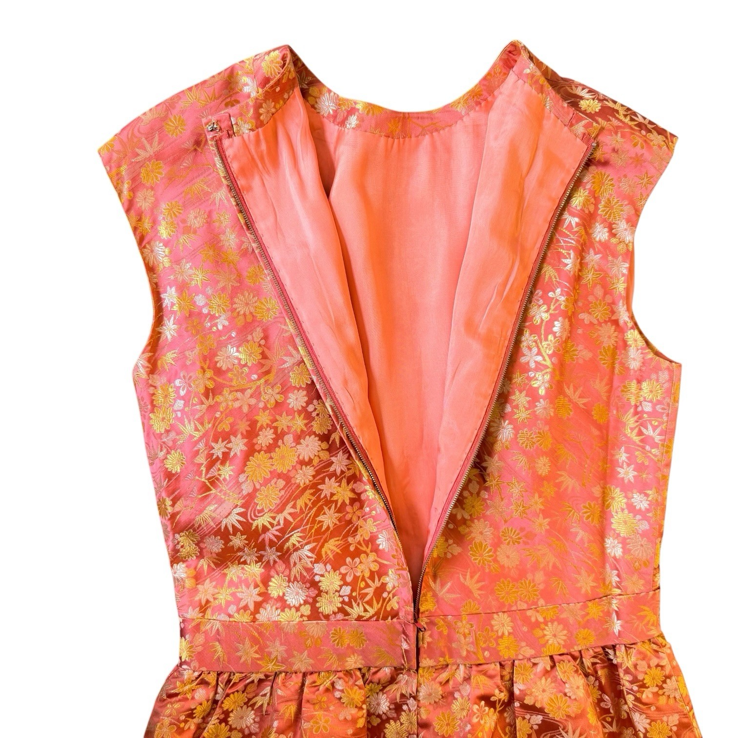 Handmade Silk Brocade Dress Pink Gold Floral Asian Inspired Bow Waist Small