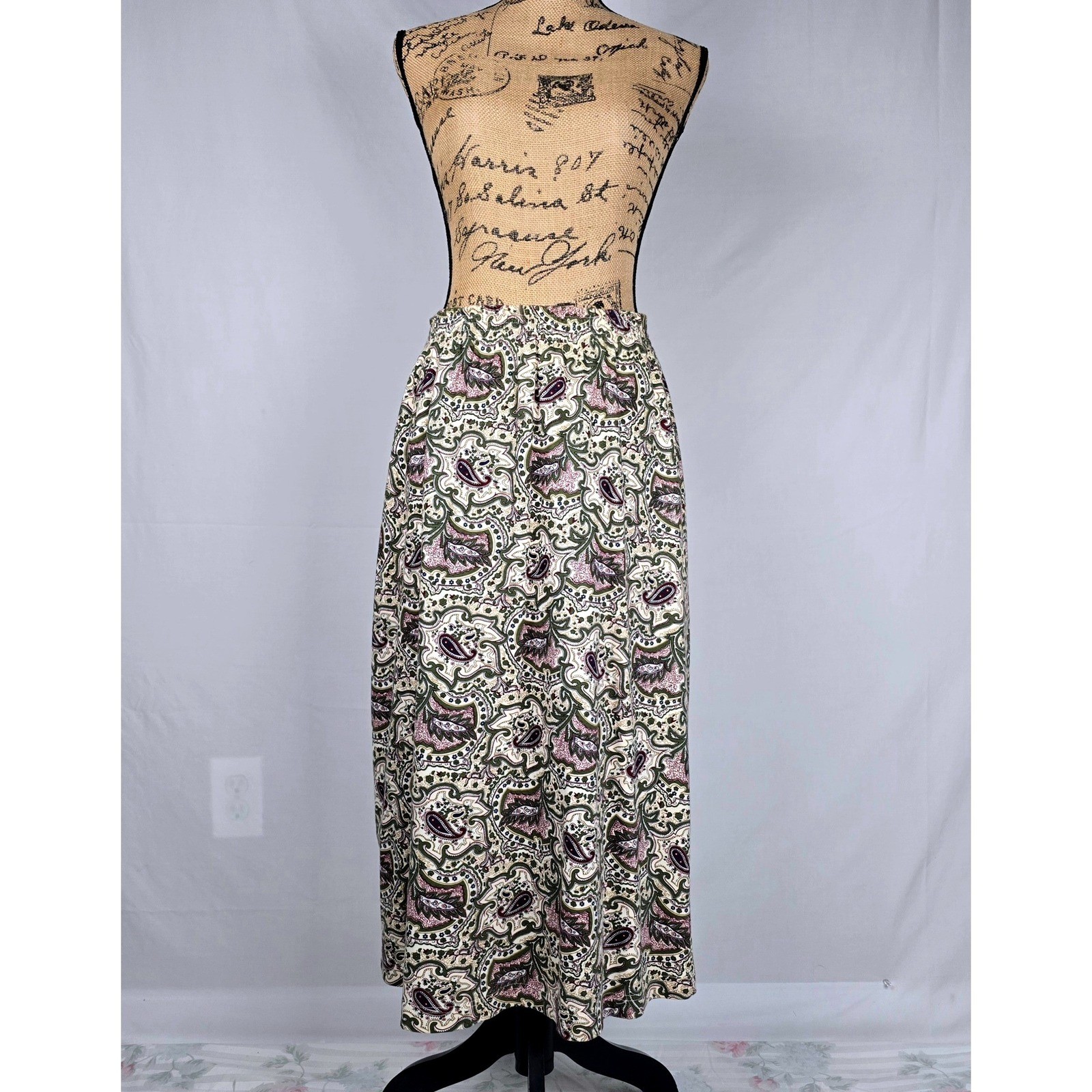 Vintage Van Heusen for Her Paisley Maxi Skirt Cotton Elastic Waist Green Large