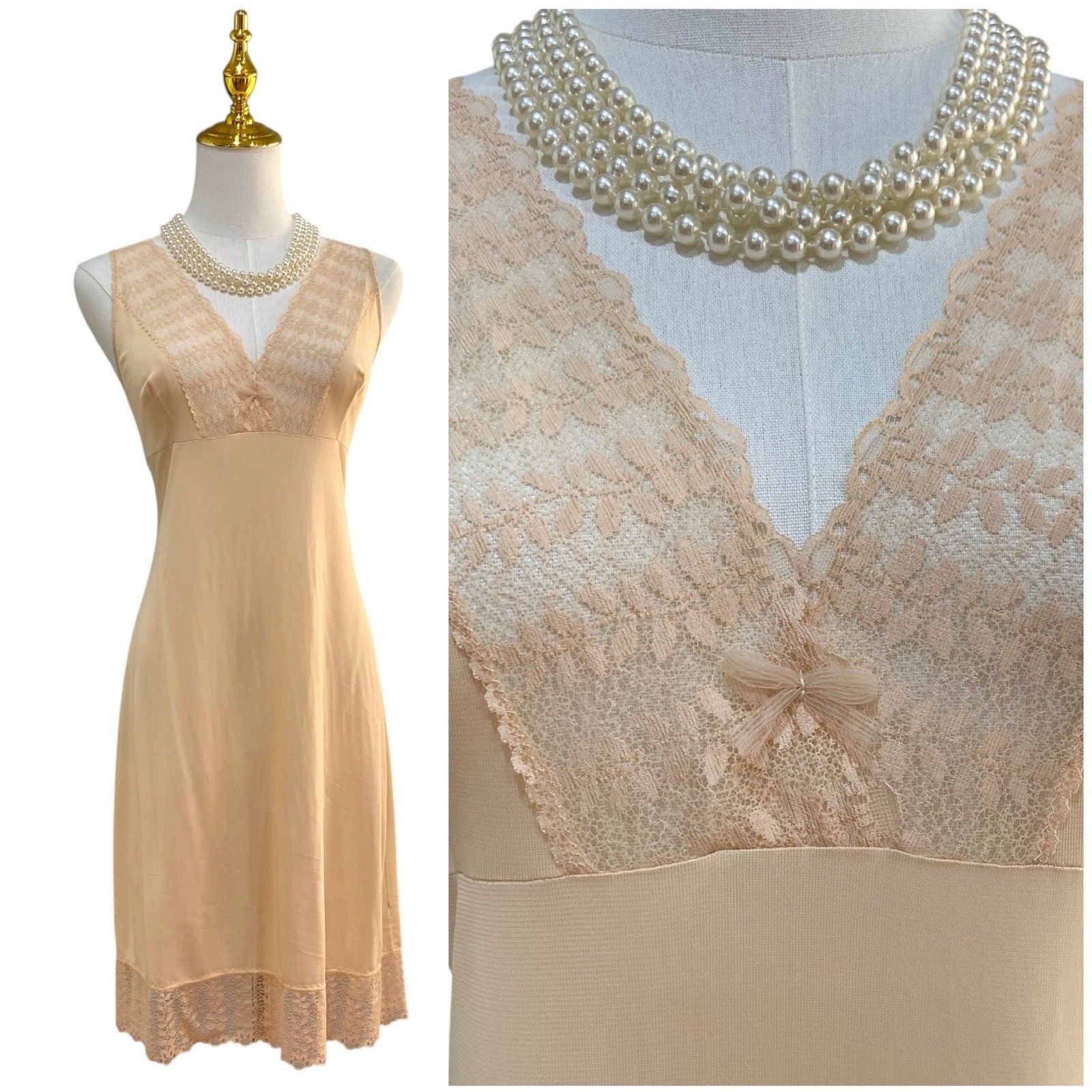Vintage 60s Beige Nylon Leaf Lace Pointy Bust Wide Strap Full Slip Dress Size S