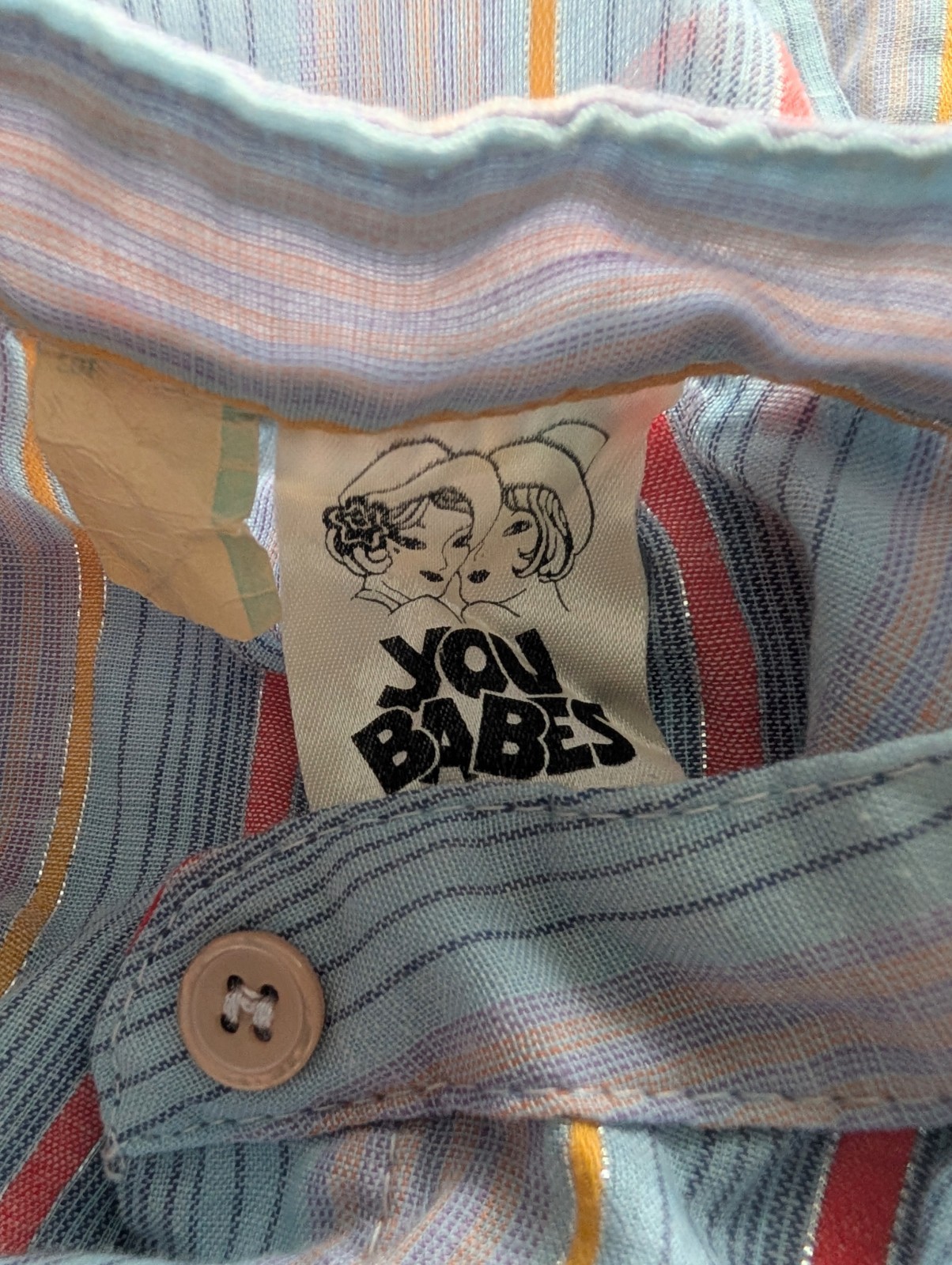 Vintage You Babes Striped Buttoned Blouse Short Sleeved Cuffed Size M