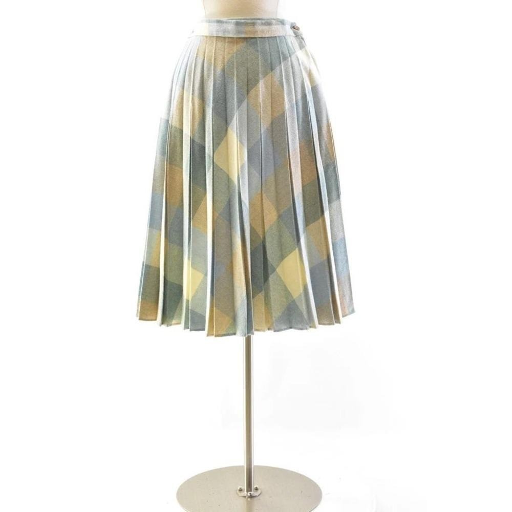 70s Vintage Wool Plaid Skirt Light Blue A Line Accordion Pleat Womens S Pastel