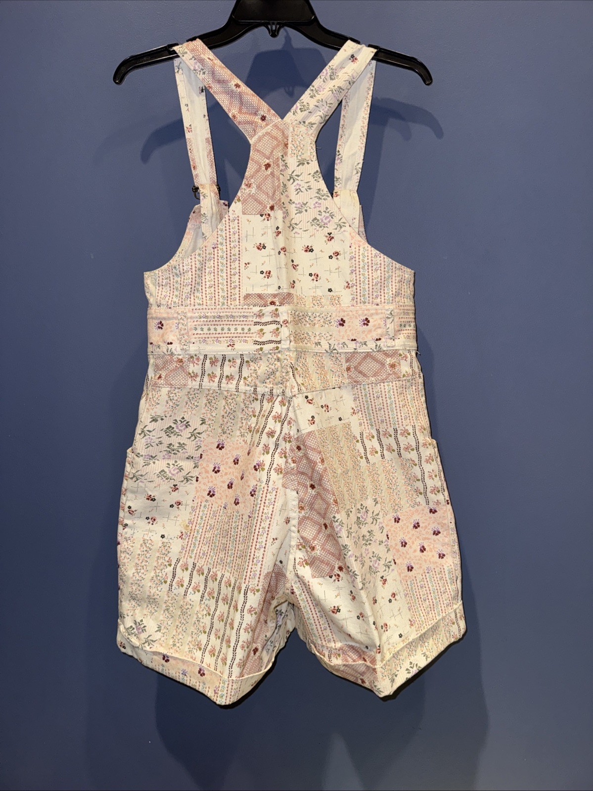 13/14 Denim Short Bibs, Vintage 1970 No Problem White Floral Print Cottage Core