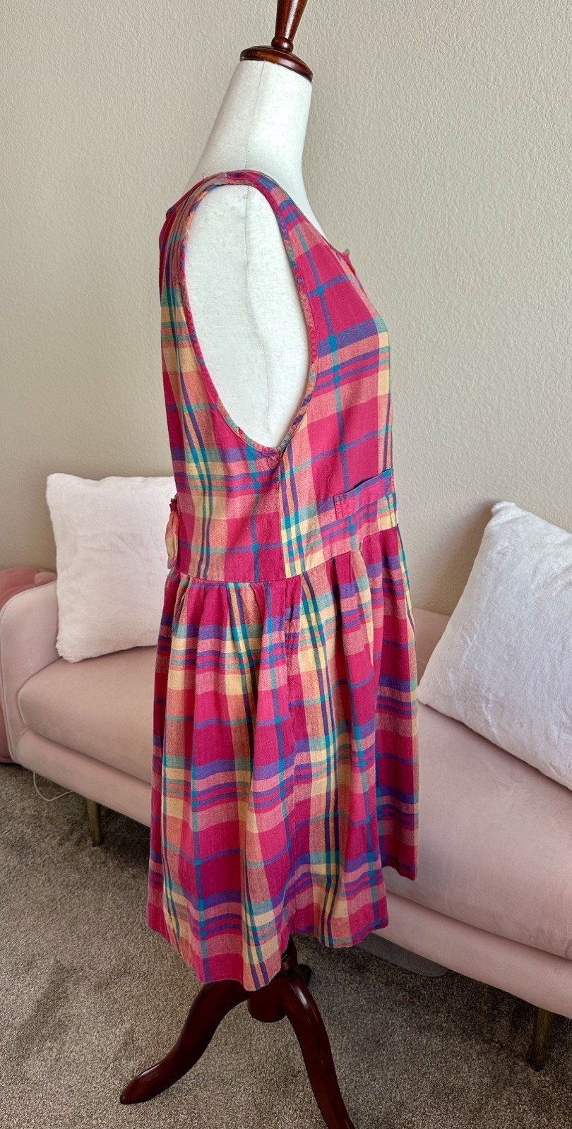 Vintage 80s Midi Dress Plaid Cotton Womens S Drop Waist Button Back Cottagecore