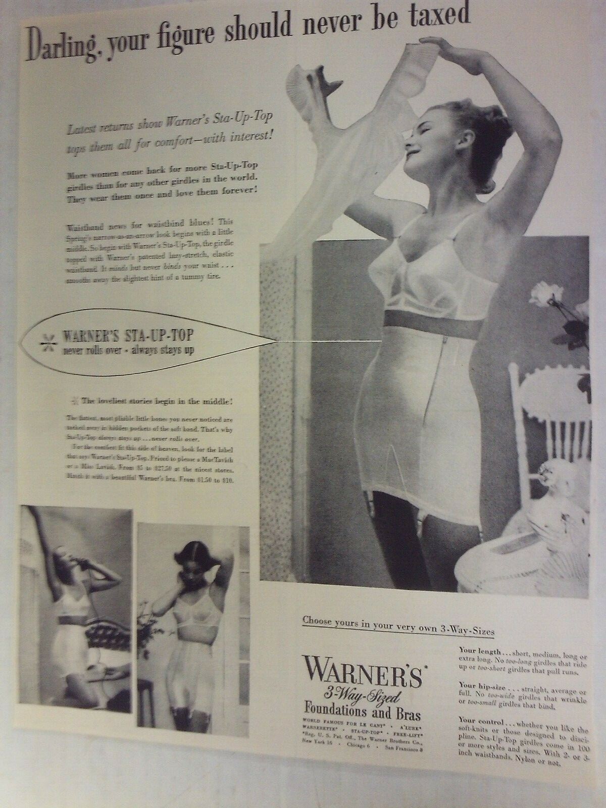 1951 Warner’s Girdle Advertisement Sexy Pin Up Underwear Vintage 3-Way Sized AD