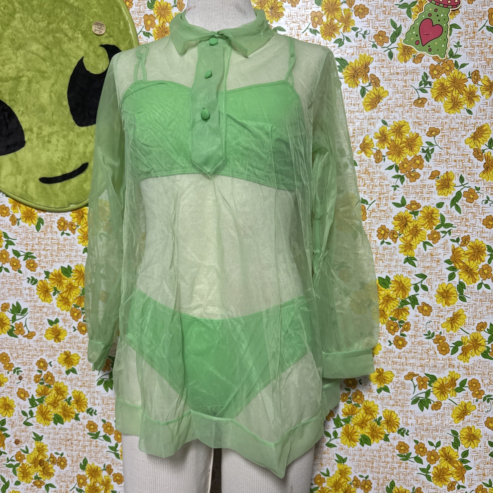 Vintage Retro Groovy Highlighter Green 3piece Lingerie Sleep Set Sexy Set