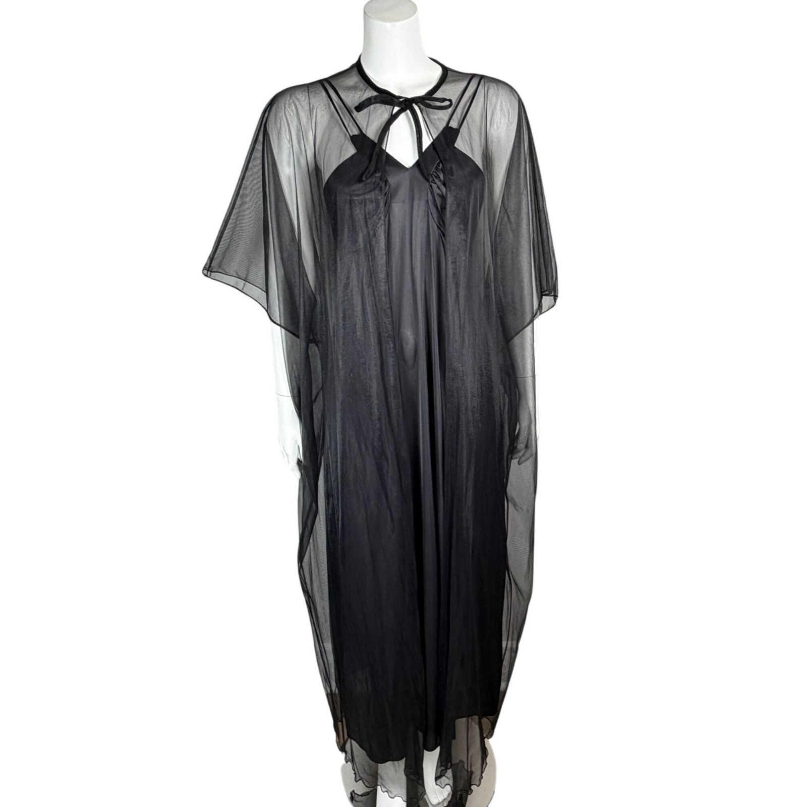 Vintage Black Peignoir Set Size 34 Long Nightgown Sheer Robe Nylon Made in USA