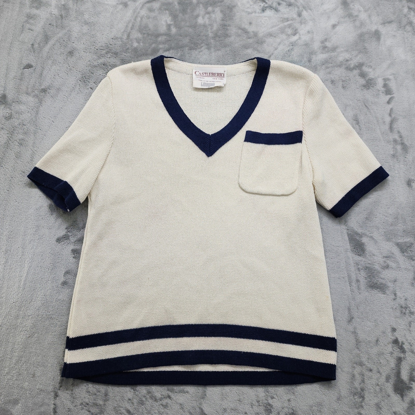Vintage Castleberry I.Magnin Sweater Womens 16 Cream Blue V-Neck Short Sleeve