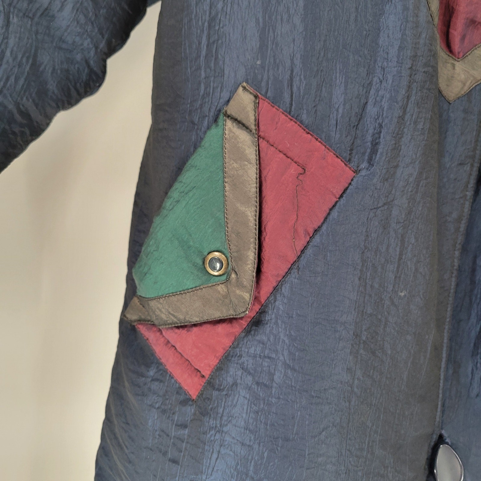 Vintage Down Fill Long Puffer Coat S Blue Red Geometric Colorblock High Collar