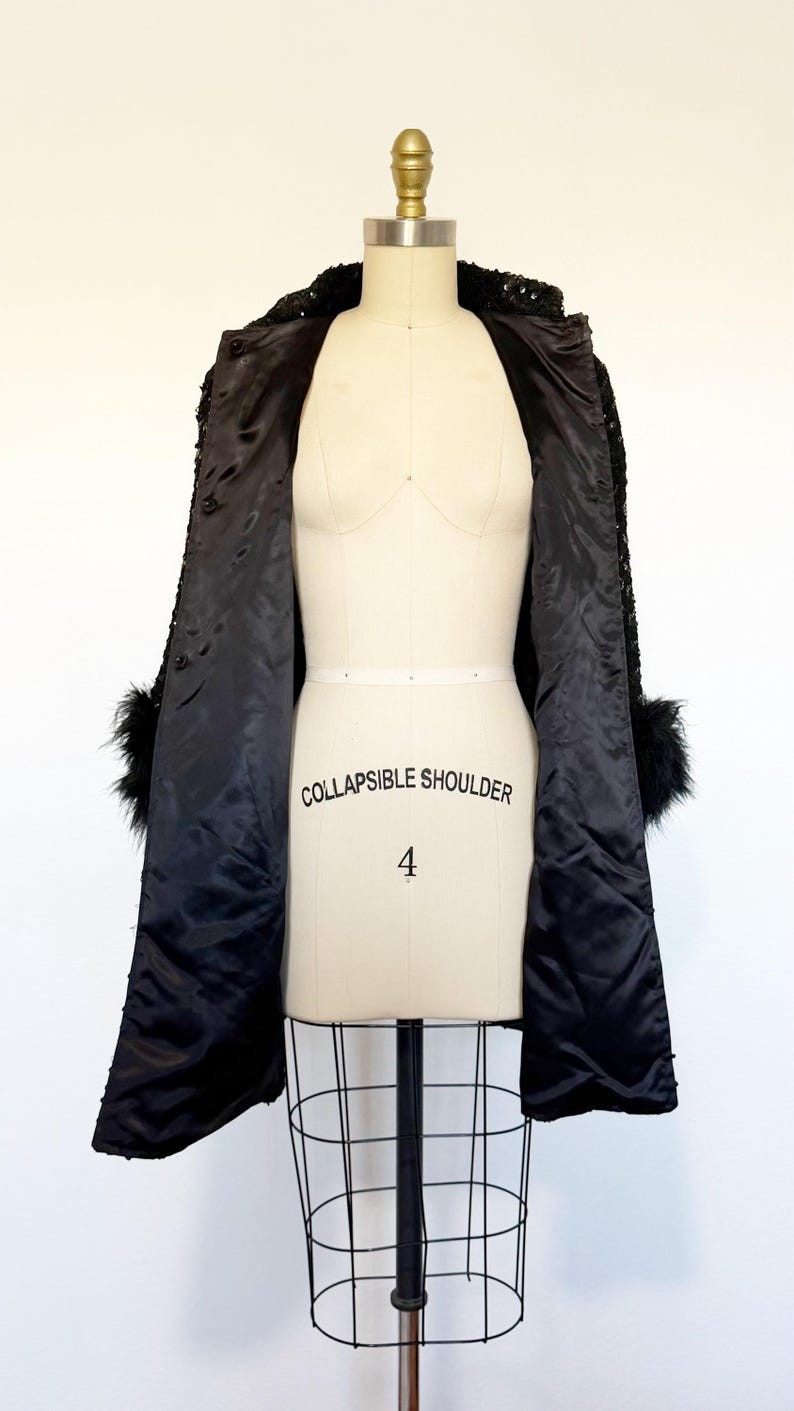 1960s Sequin Coat / Black Sequin Coat / Feather Trim Coat / Size Large