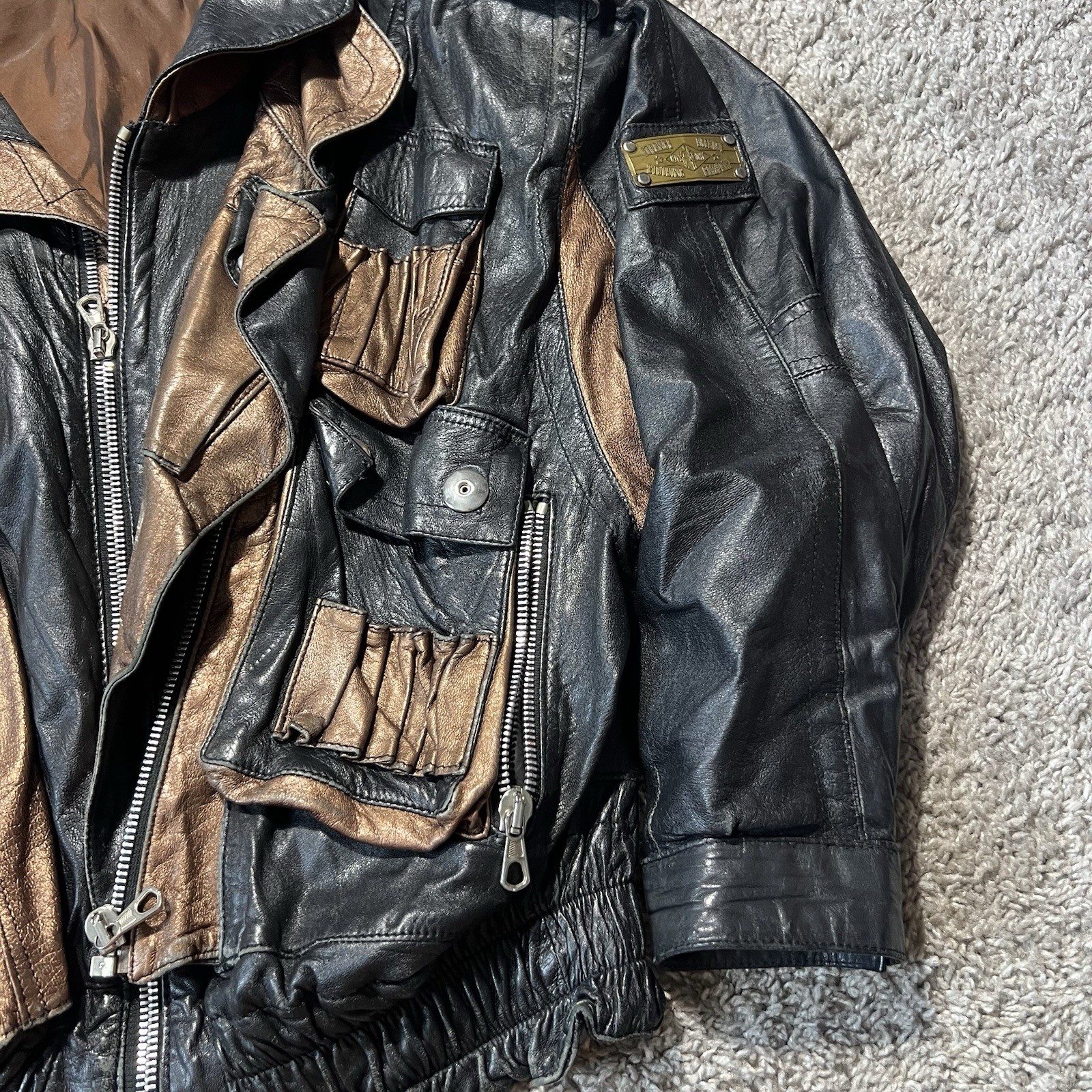 Vintage Black Brown Geometric Moto Biker Jacket Grunge 1980s 90s Italy Designer