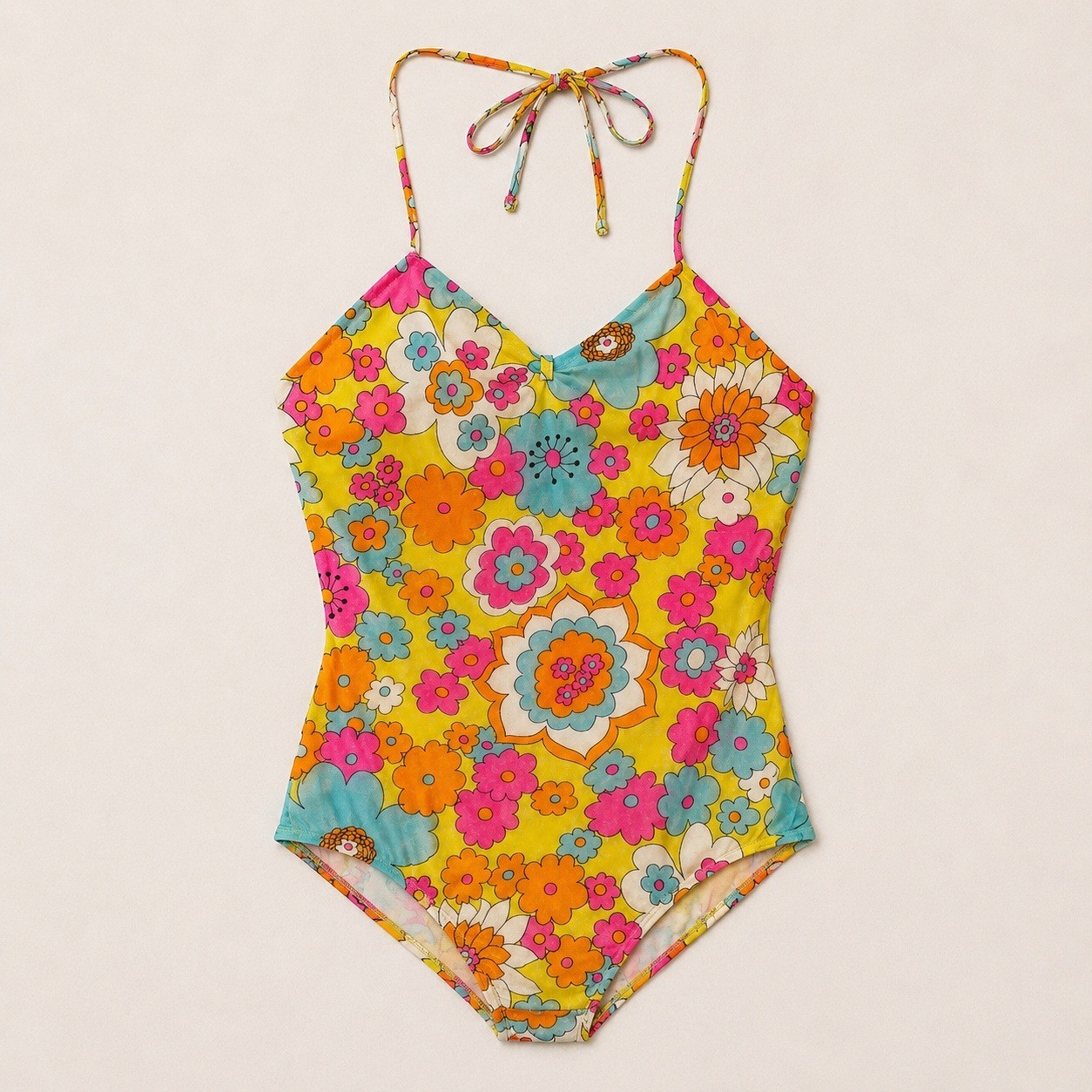 Swimsuit Flower Power True Vintage 60s Republic Cellini Halter One Piece sz S