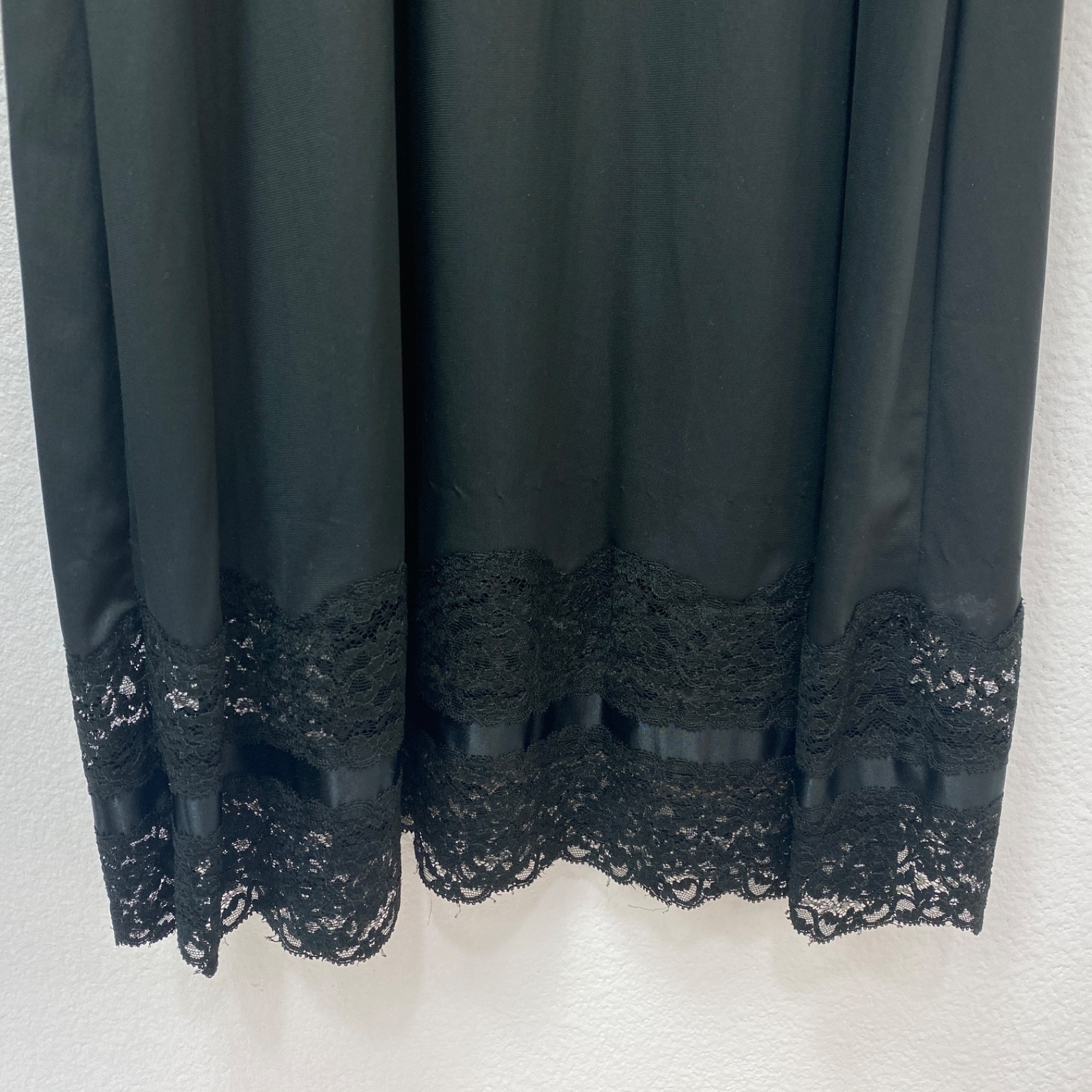 Vintage Charmode Black Full Nylon Tricot Baby Doll Slip Size 32 Lace Below Knee