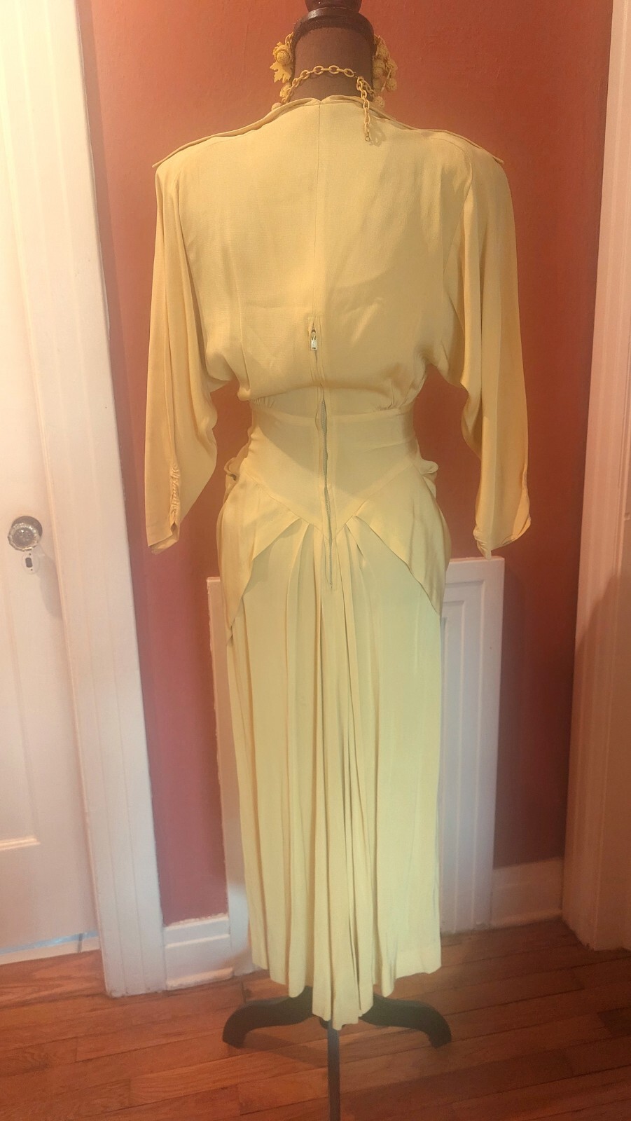 1950s Lilli Diamond Chartreuse Rayon Dress, Bat Wing Sleeves, Swag, Train XS