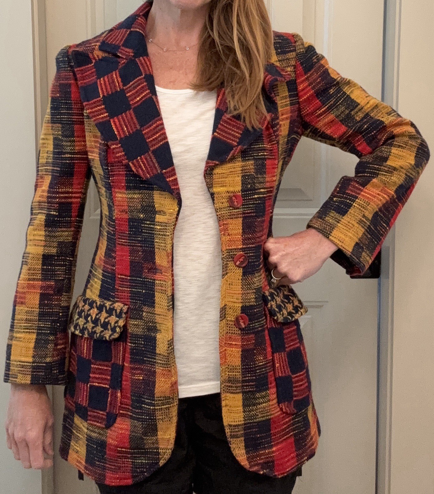 VTG 1970s Patchwork Plaid Wool Blazer Wide Lapels Retro Red Yellow Black Sz XS