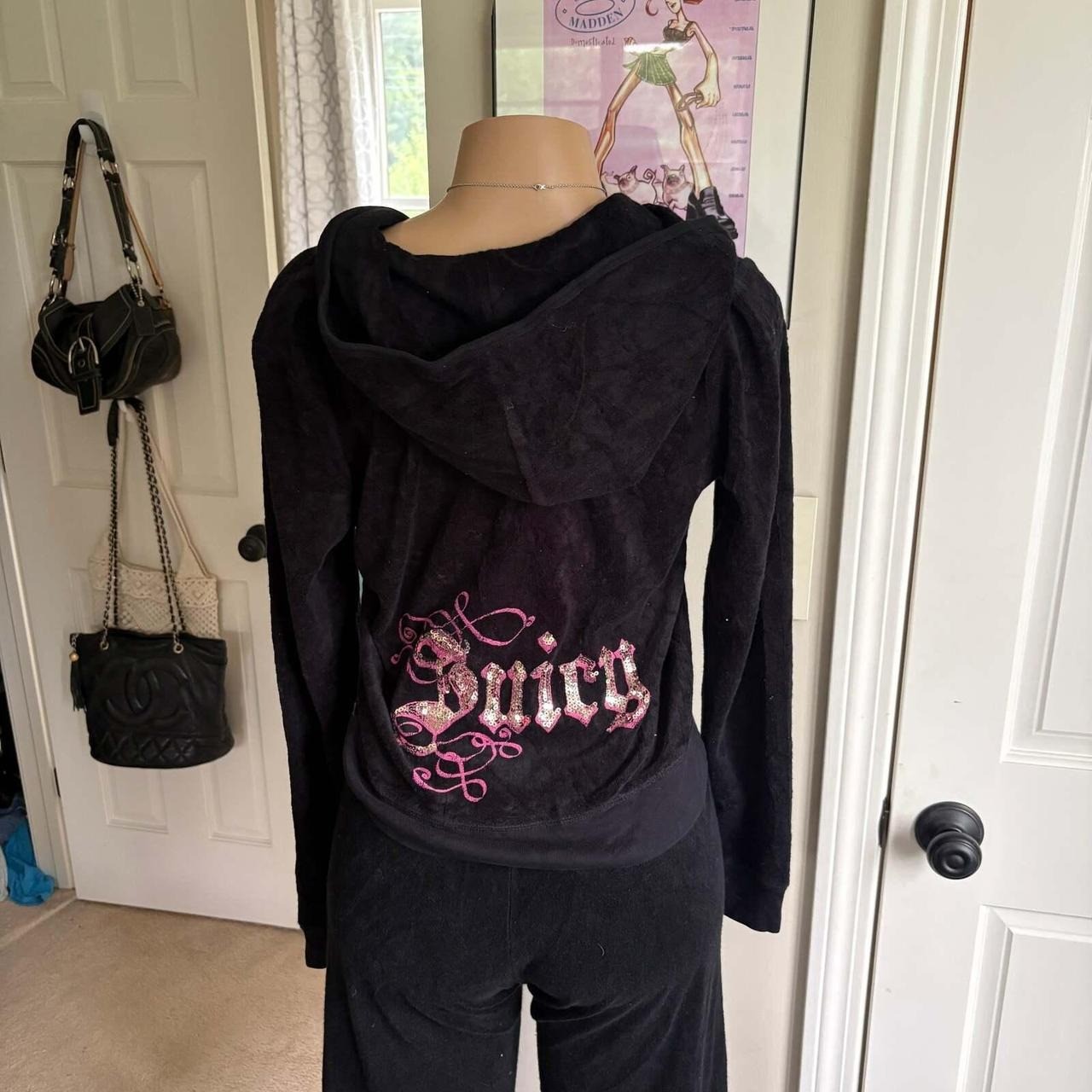 Vintage Juicy Couture Y2K Logo Black Terrycloth Tracksuit Set 2-piece size L