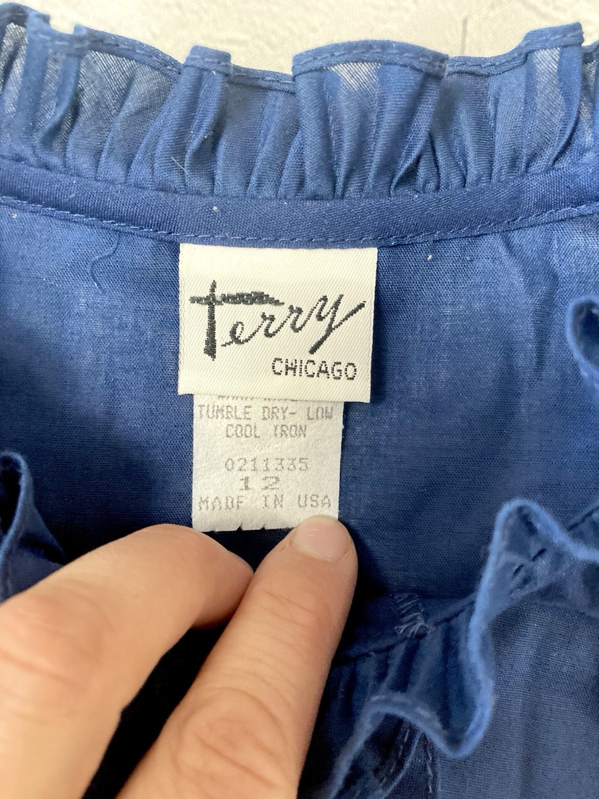 Vtg Terry Chicago Women’s Blue Collar Blouse Ruffle Large Cottagecore Cotton Bld