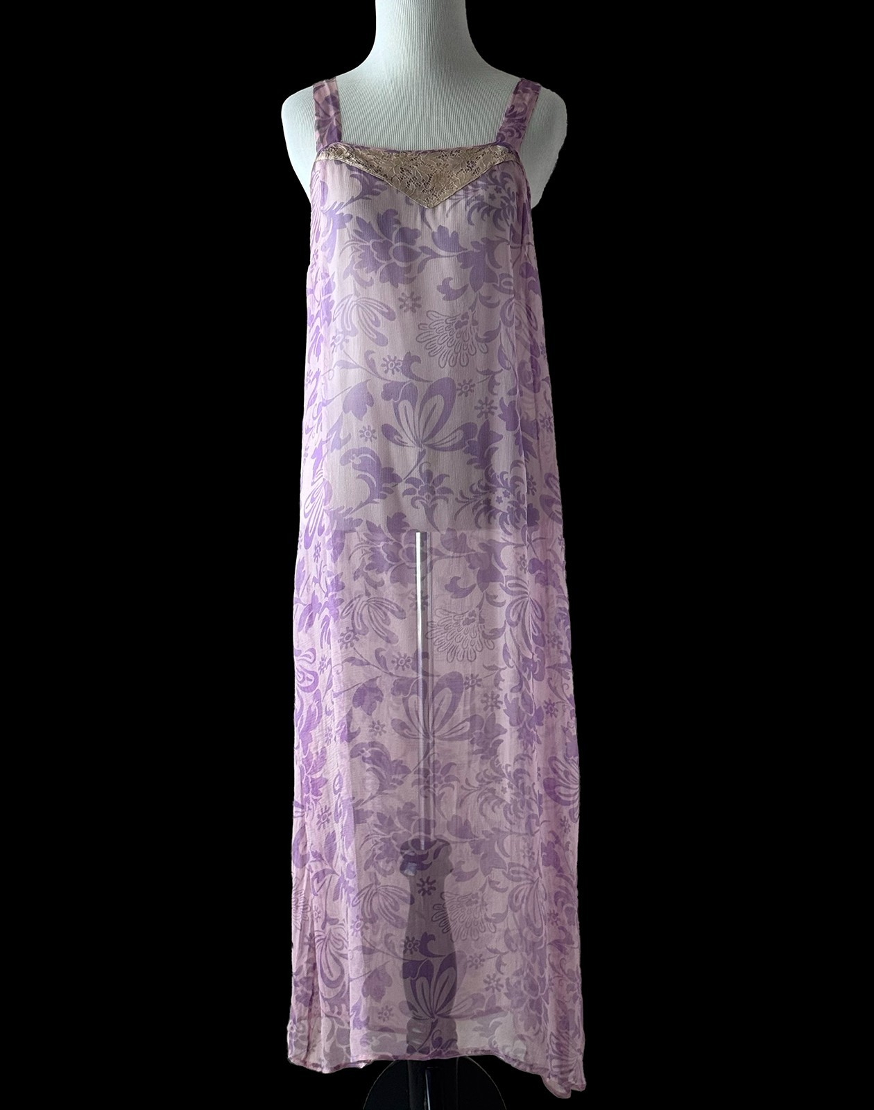 Vintage 20s Dress, 1920s Silk Chiffon and Lace 2 Piece Lavender Dress Set, S/M