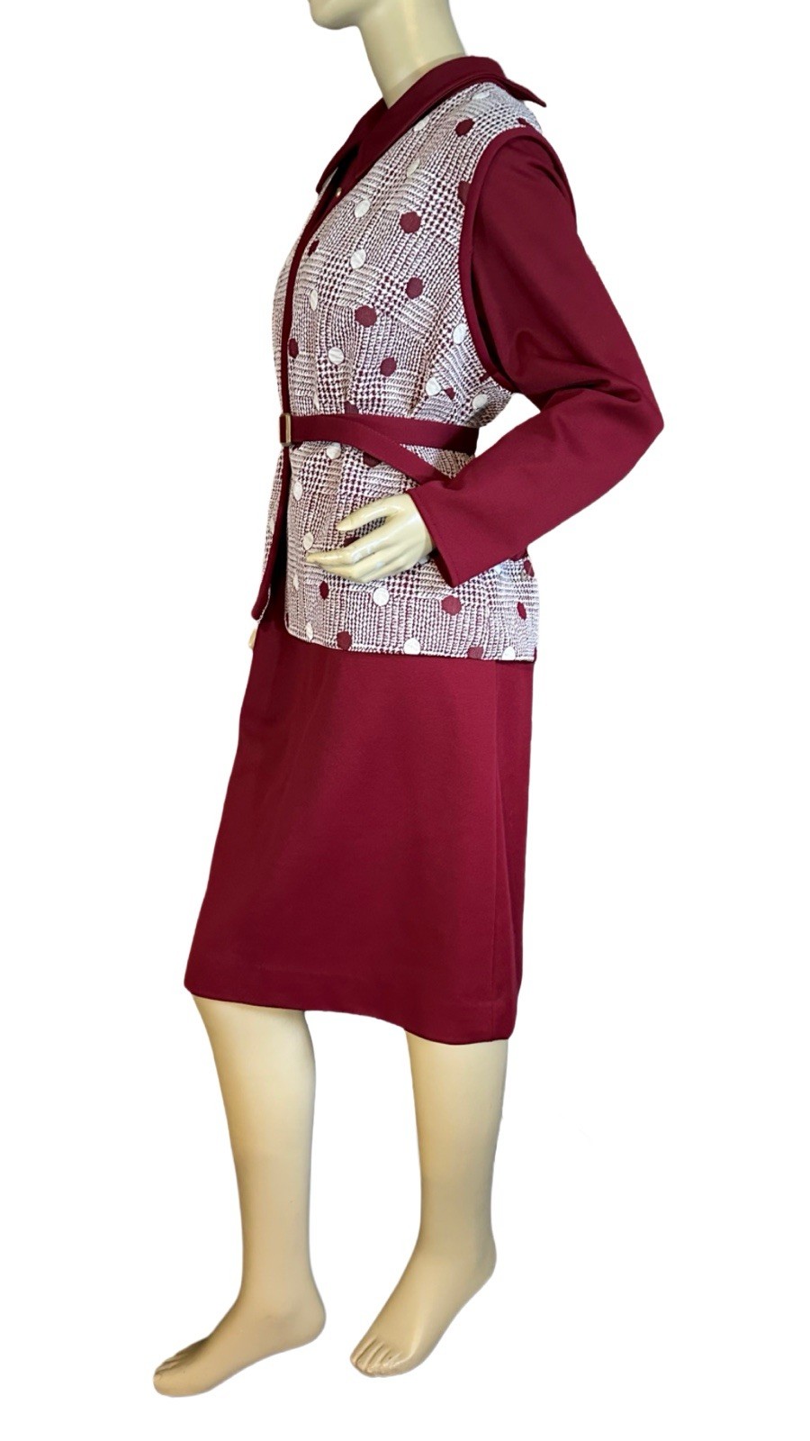 VINTAGE CIRCA 1970’S LADY LAURA BURGUNDY SHIFT DRESS & VEST SET SZ 18